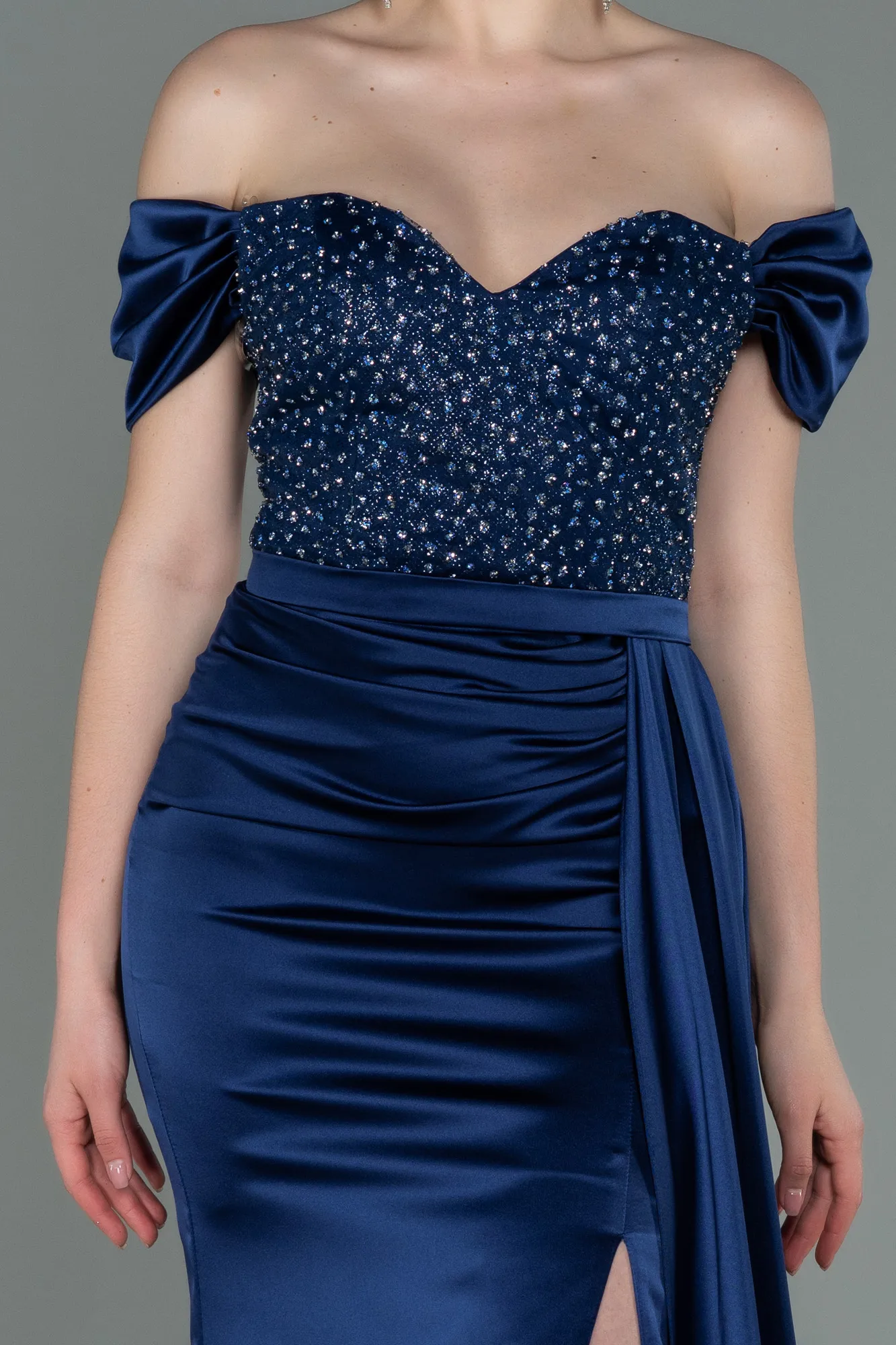Navy Blue-Long Satin Evening Dress ABU3187