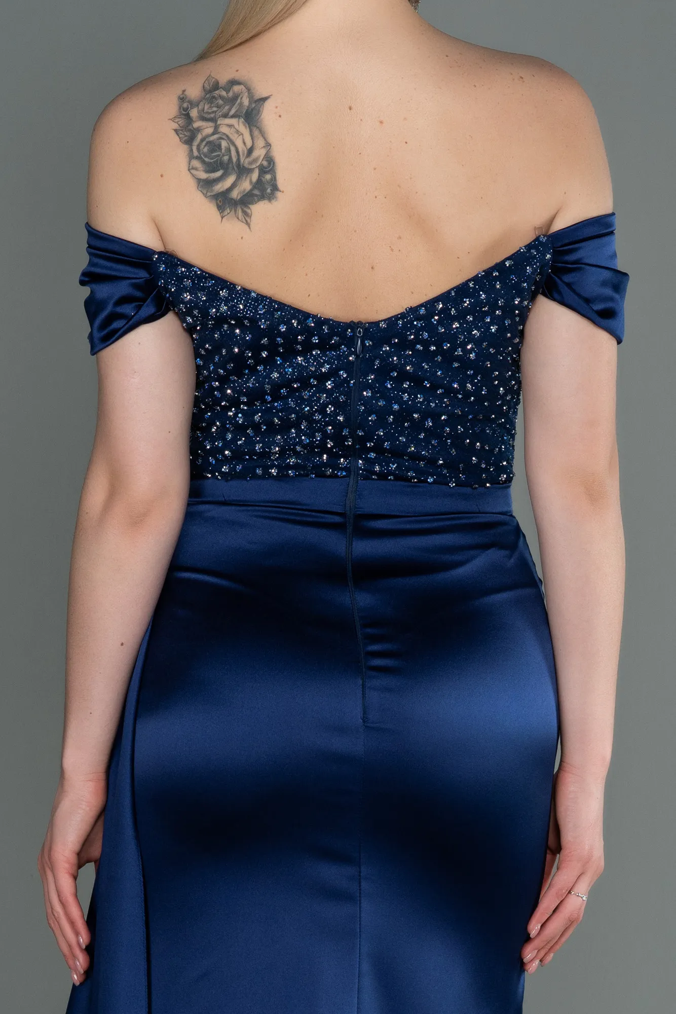 Navy Blue-Long Satin Evening Dress ABU3187