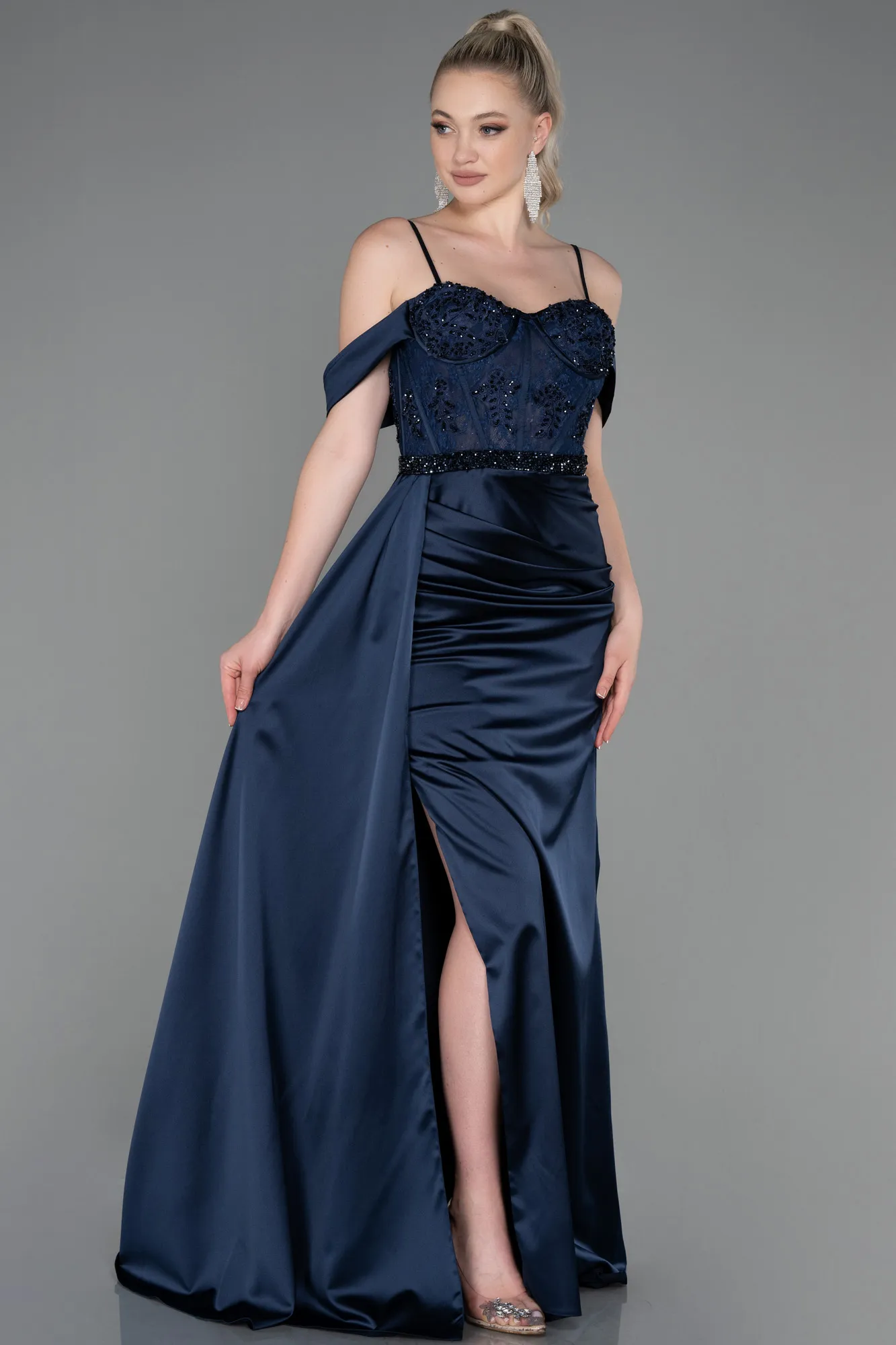 Navy Blue-Long Satin Evening Dress ABU3227
