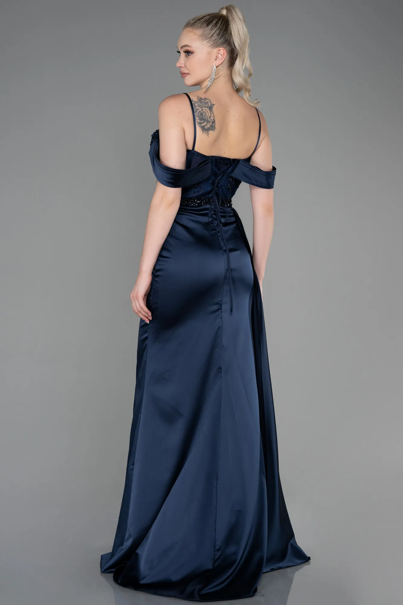 Navy Blue-Long Satin Evening Dress ABU3227
