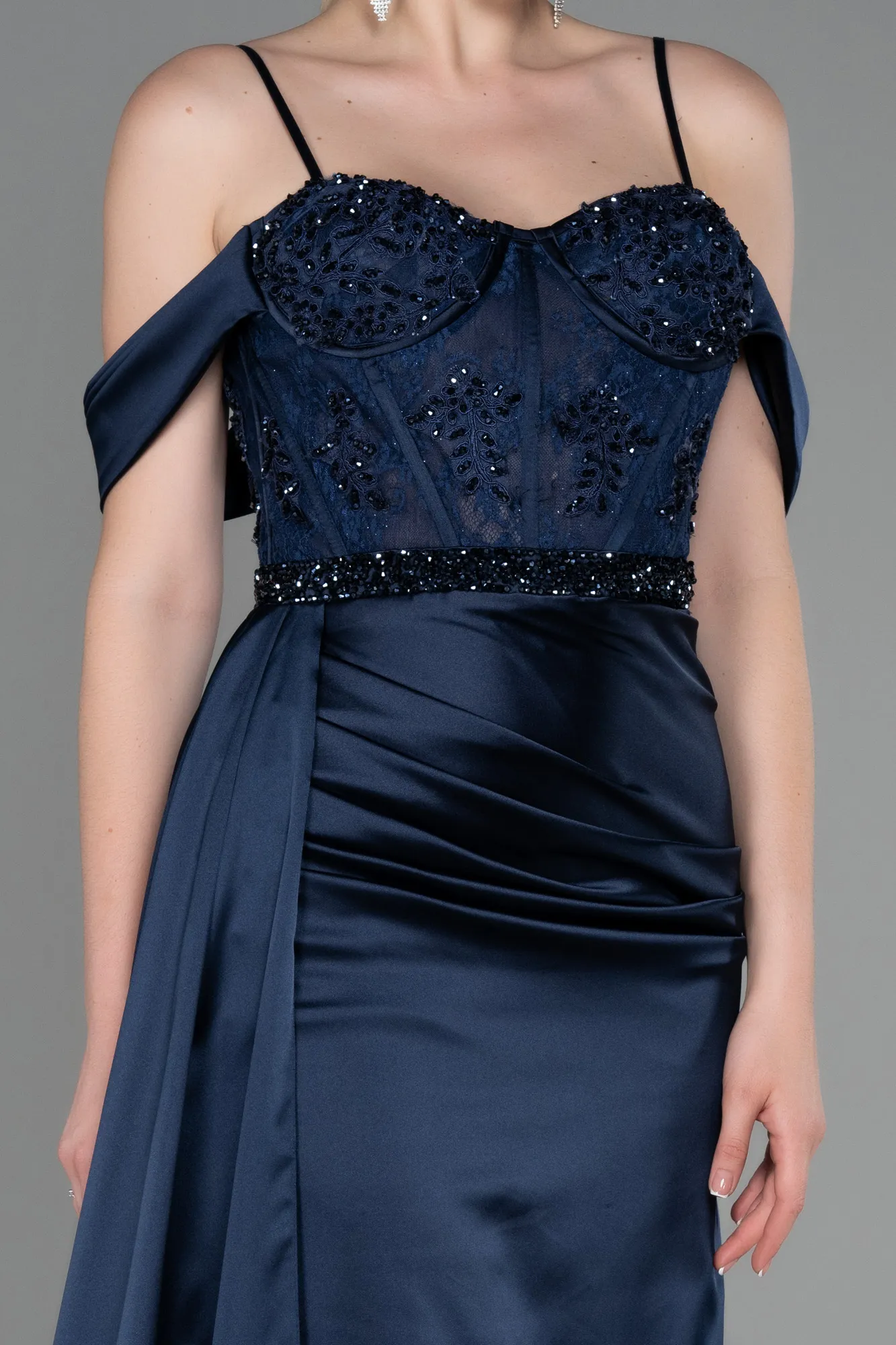 Navy Blue-Long Satin Evening Dress ABU3227