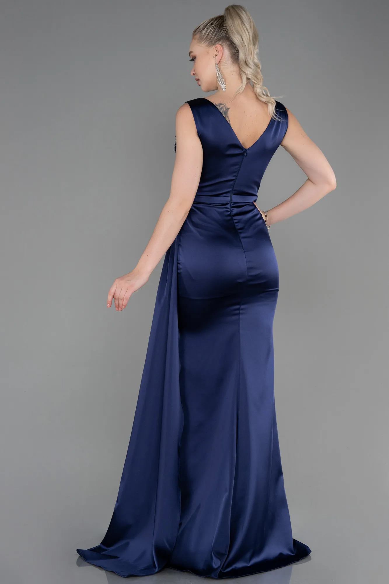 Navy Blue-Long Satin Evening Dress ABU3235