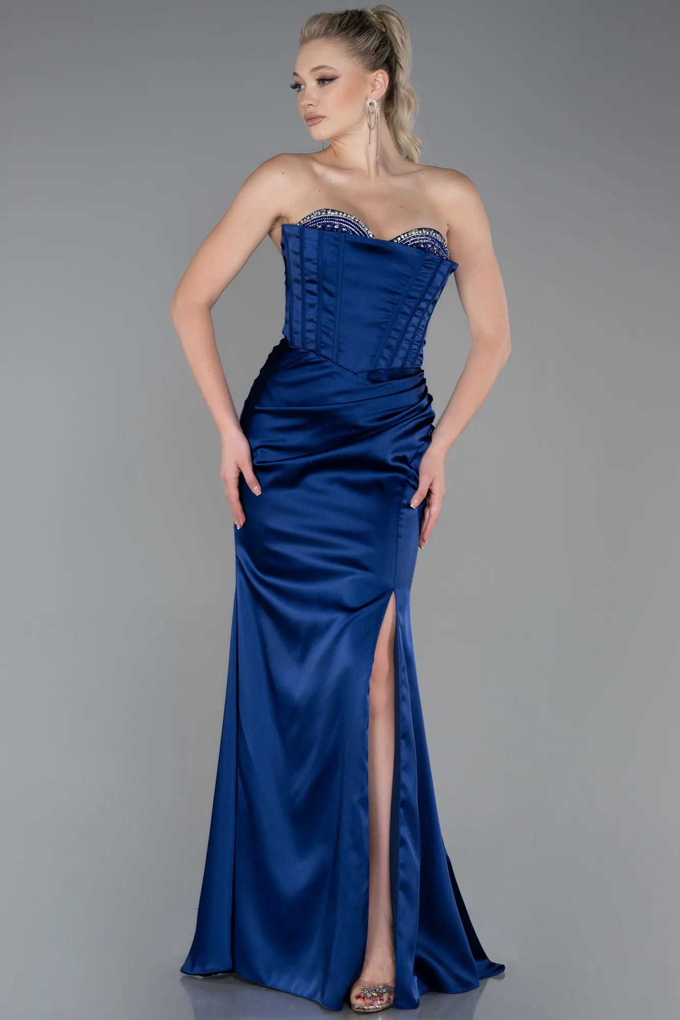Navy Blue-Long Satin Evening Dress ABU3248