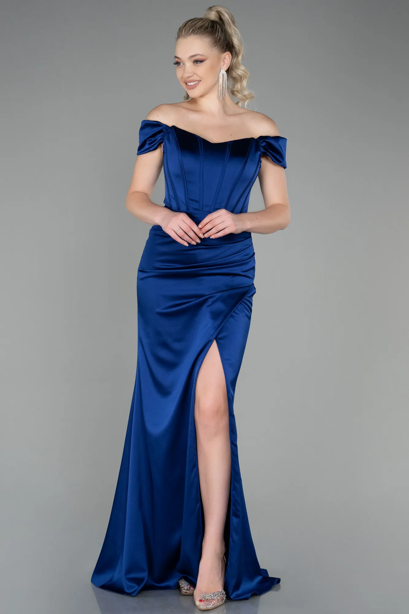 Navy Blue-Long Satin Evening Dress ABU3269