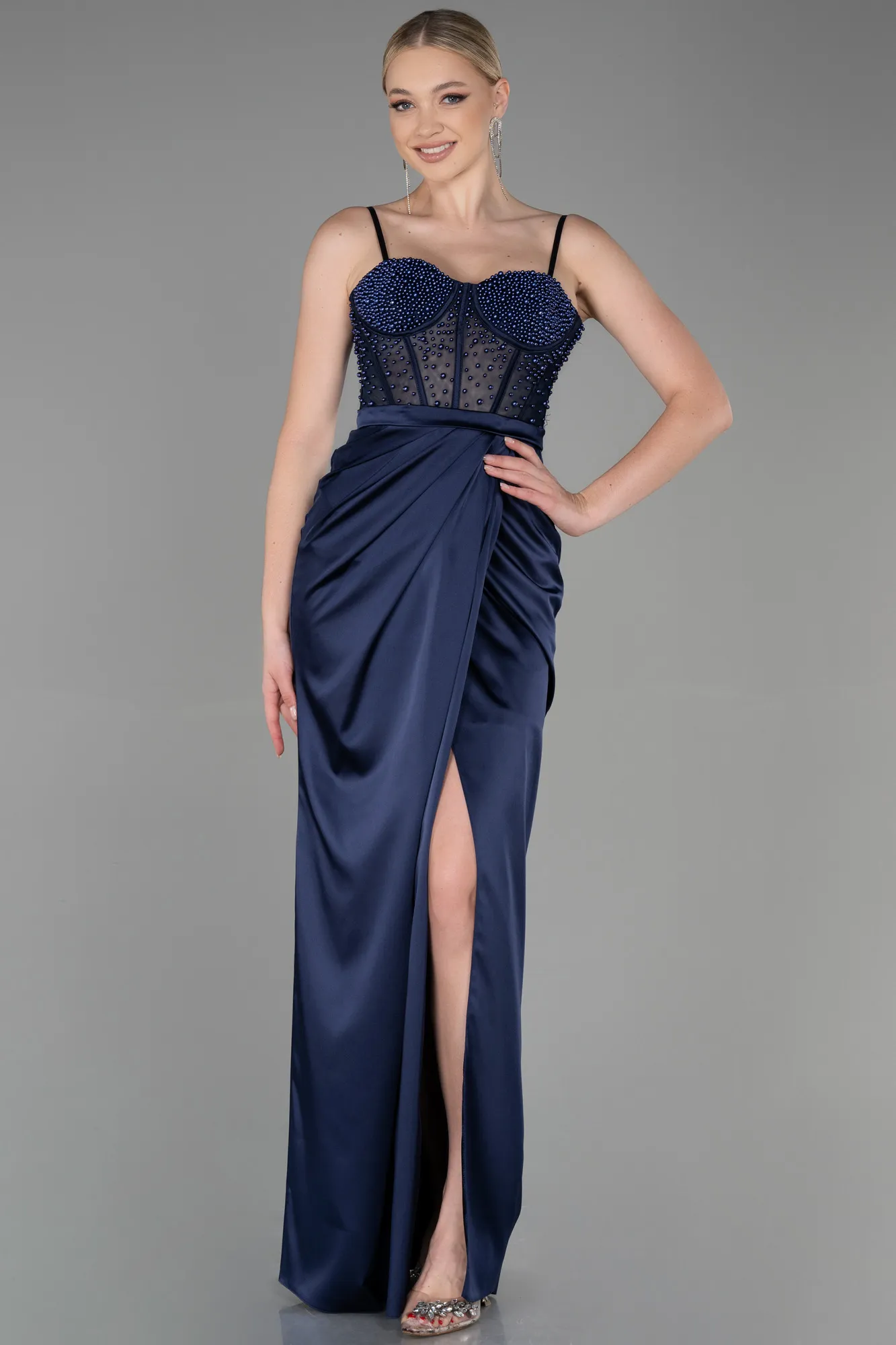 Navy Blue-Long Satin Evening Dress ABU3312