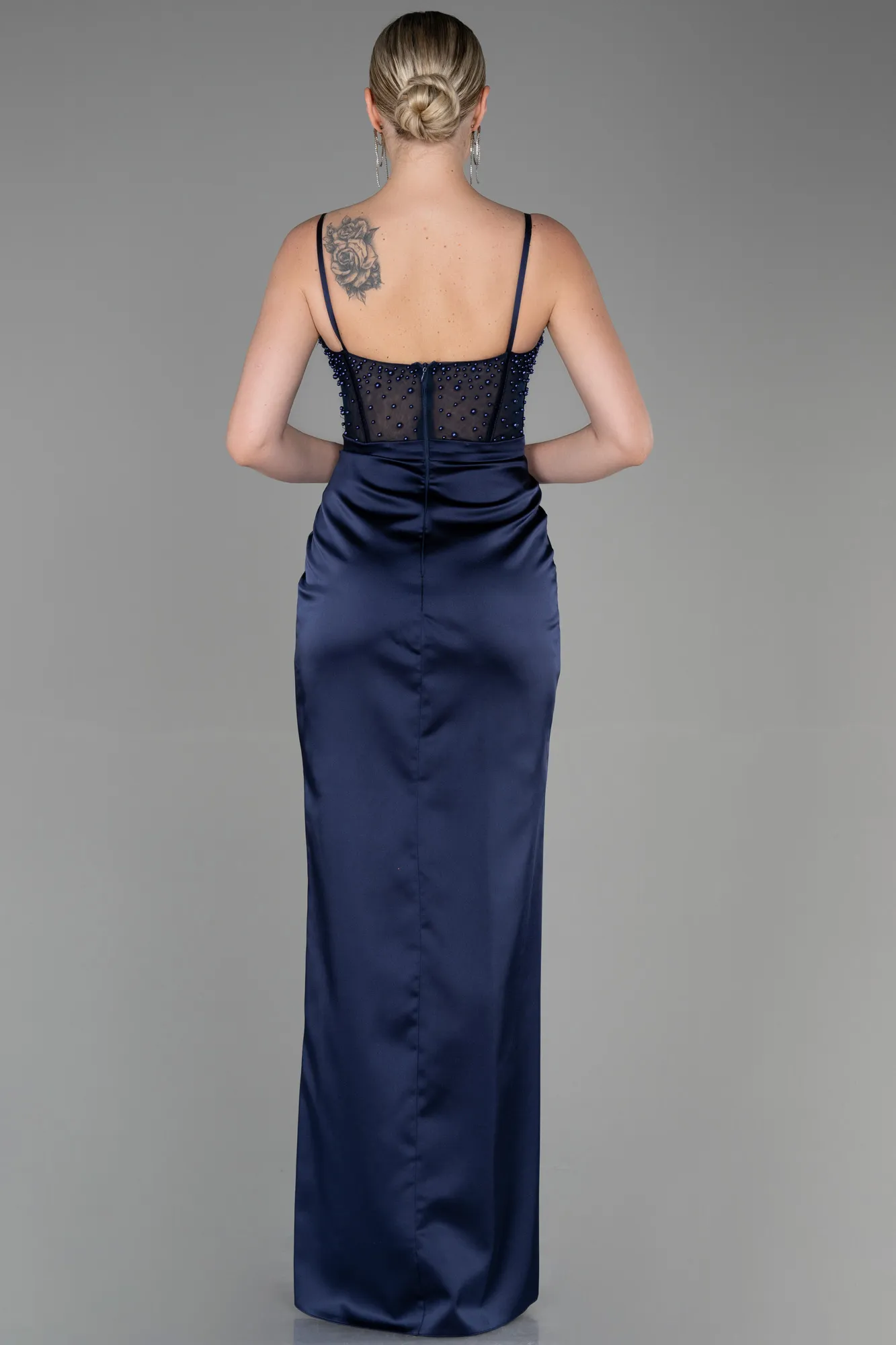 Navy Blue-Long Satin Evening Dress ABU3312