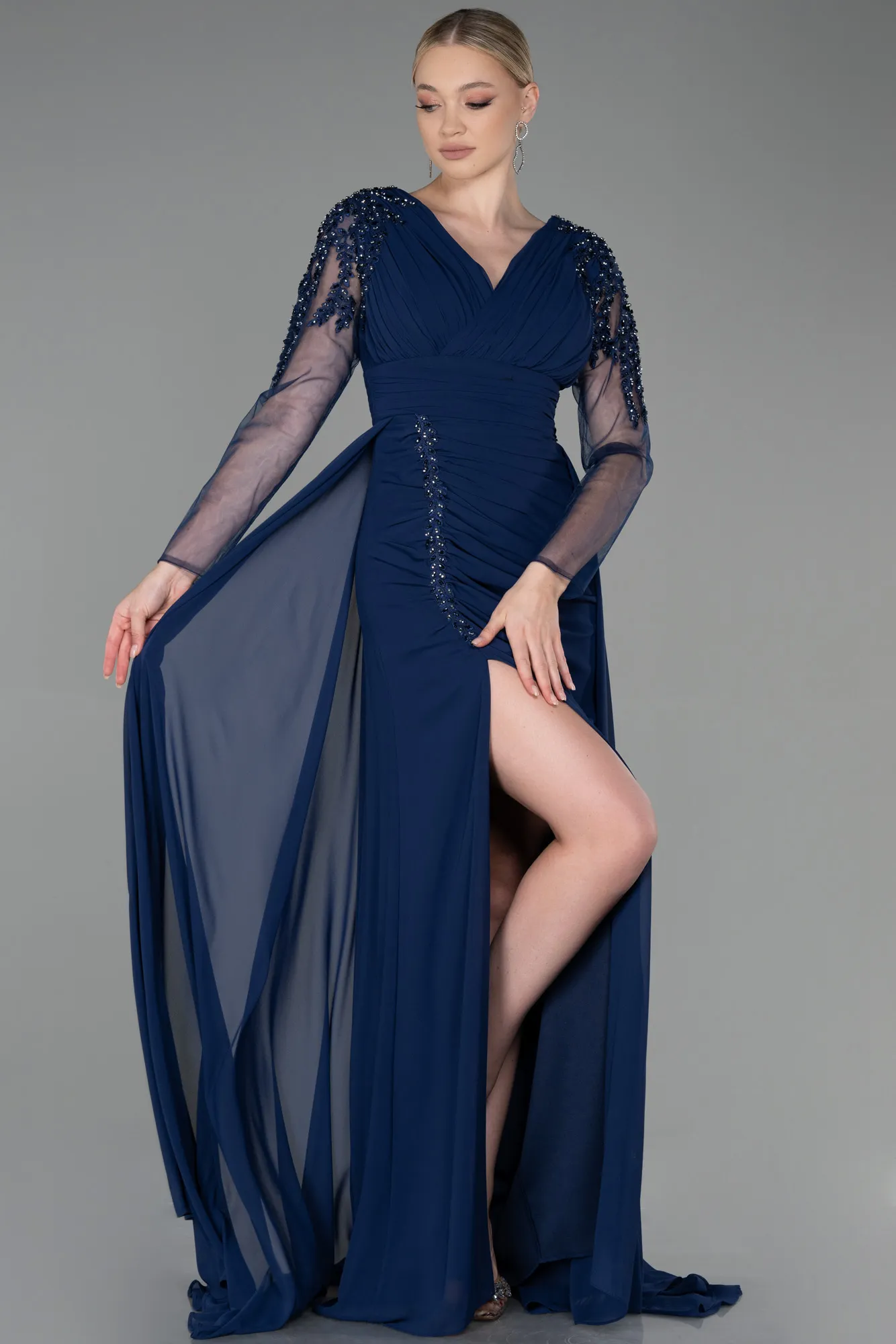 Navy Blue-Long Satin Evening Dress ABU3314