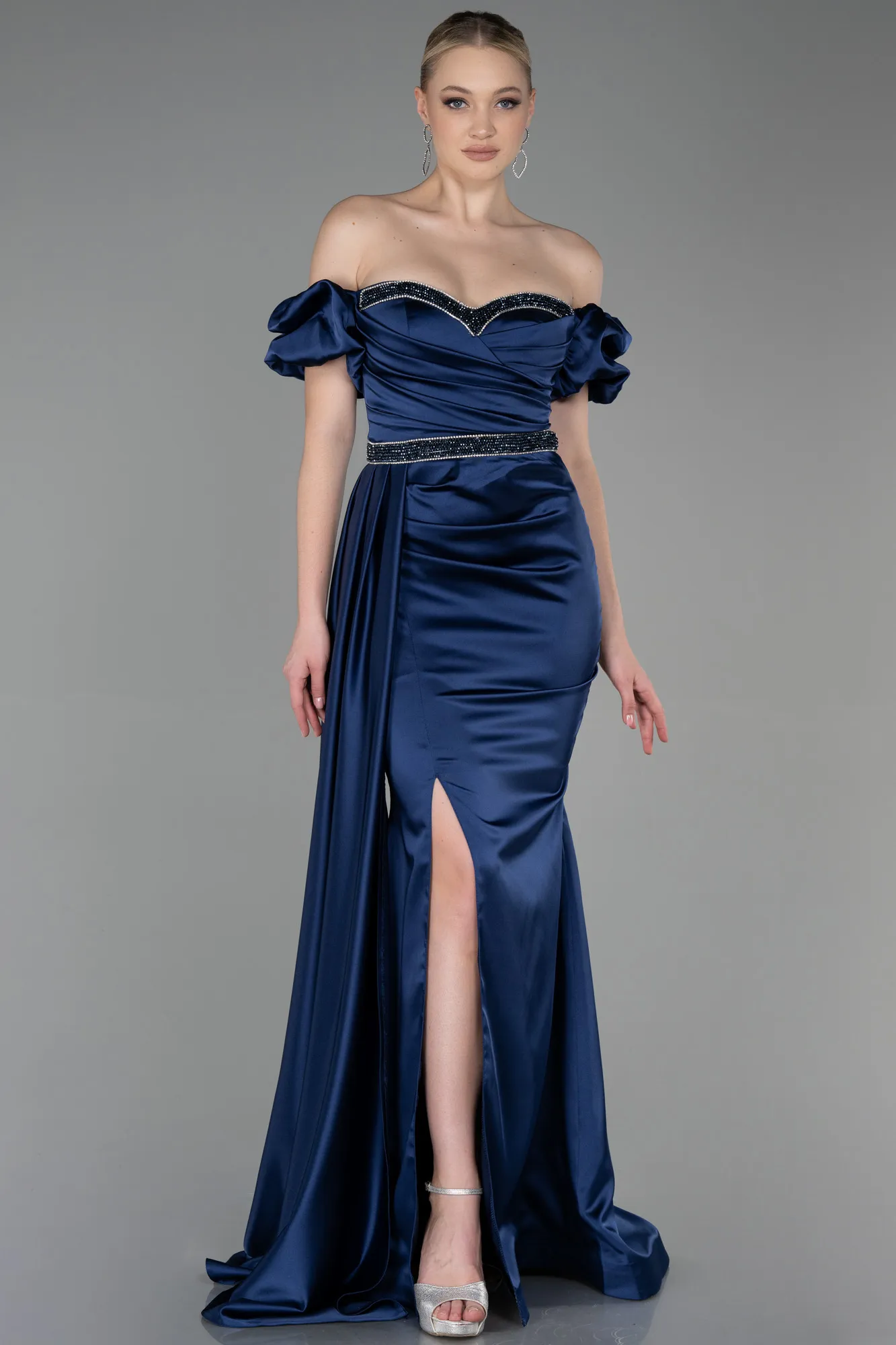 Navy Blue-Long Satin Evening Dress ABU3331