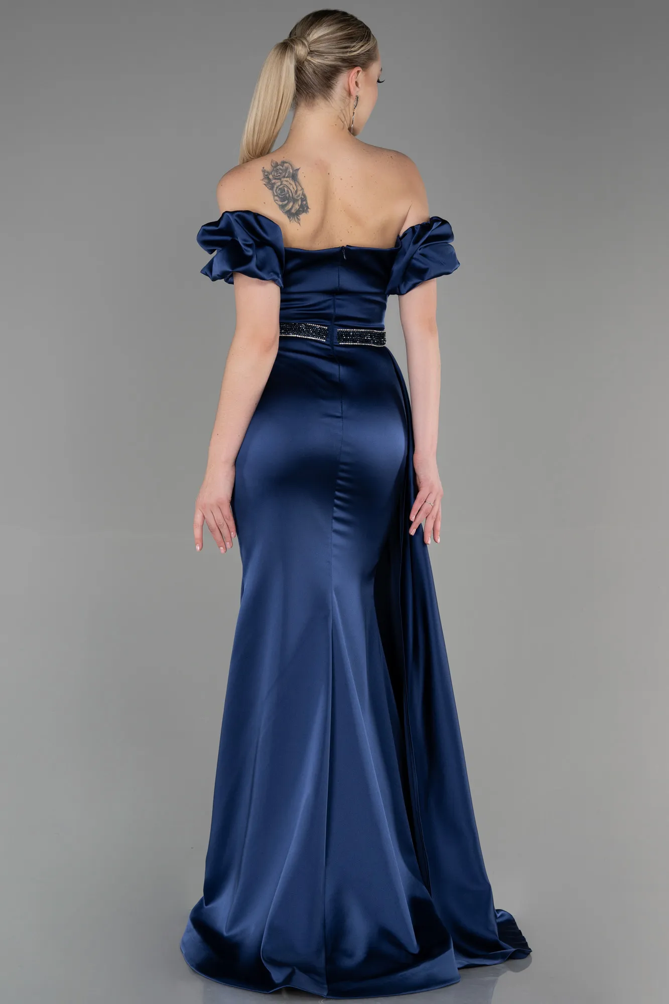 Navy Blue-Long Satin Evening Dress ABU3331