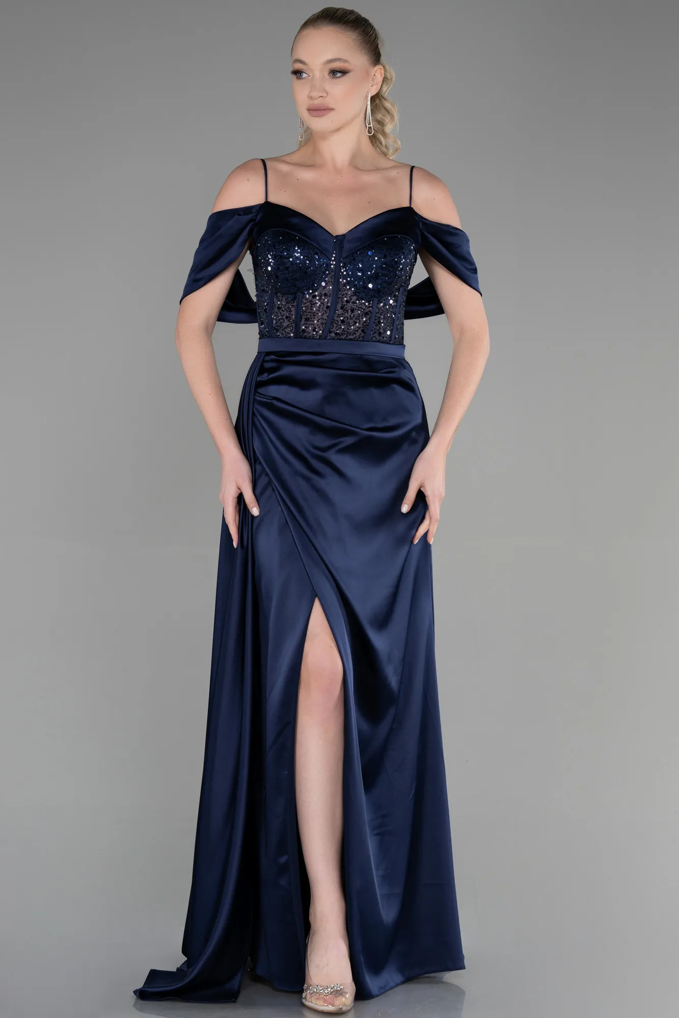 Navy Blue-Long Satin Evening Dress ABU3391