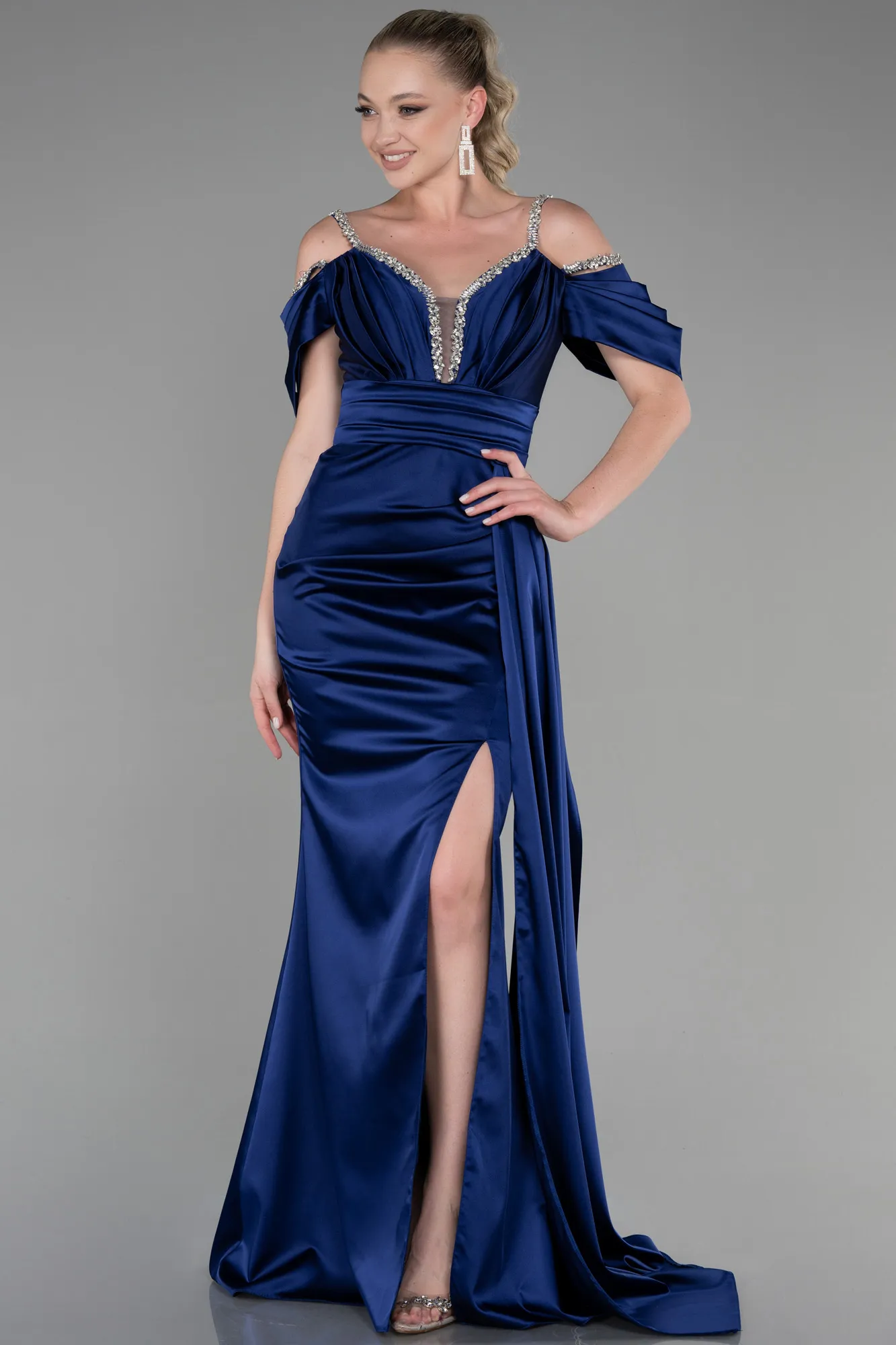Navy Blue-Long Satin Evening Dress ABU3398