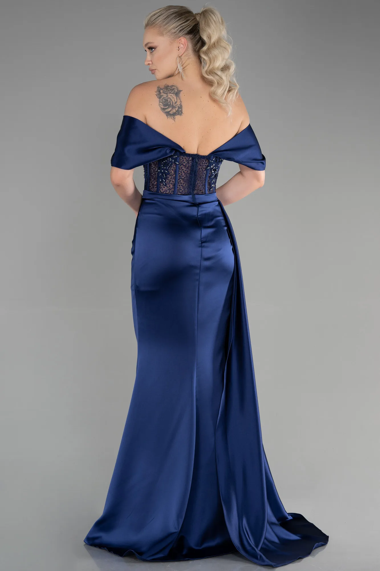 Navy Blue-Long Satin Evening Dress ABU3446