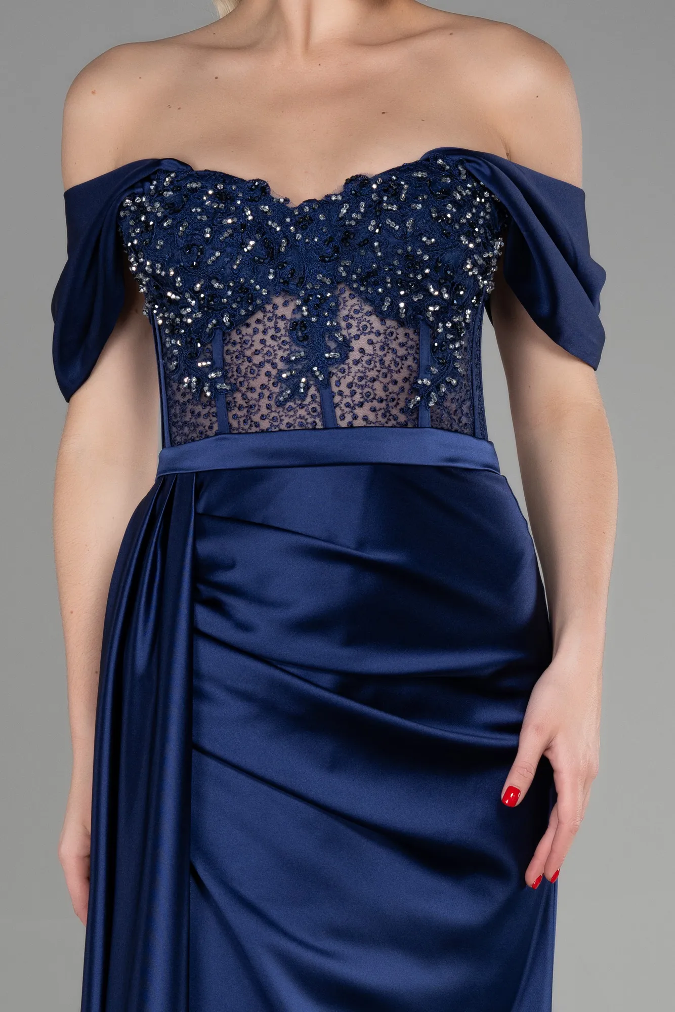Navy Blue-Long Satin Evening Dress ABU3446