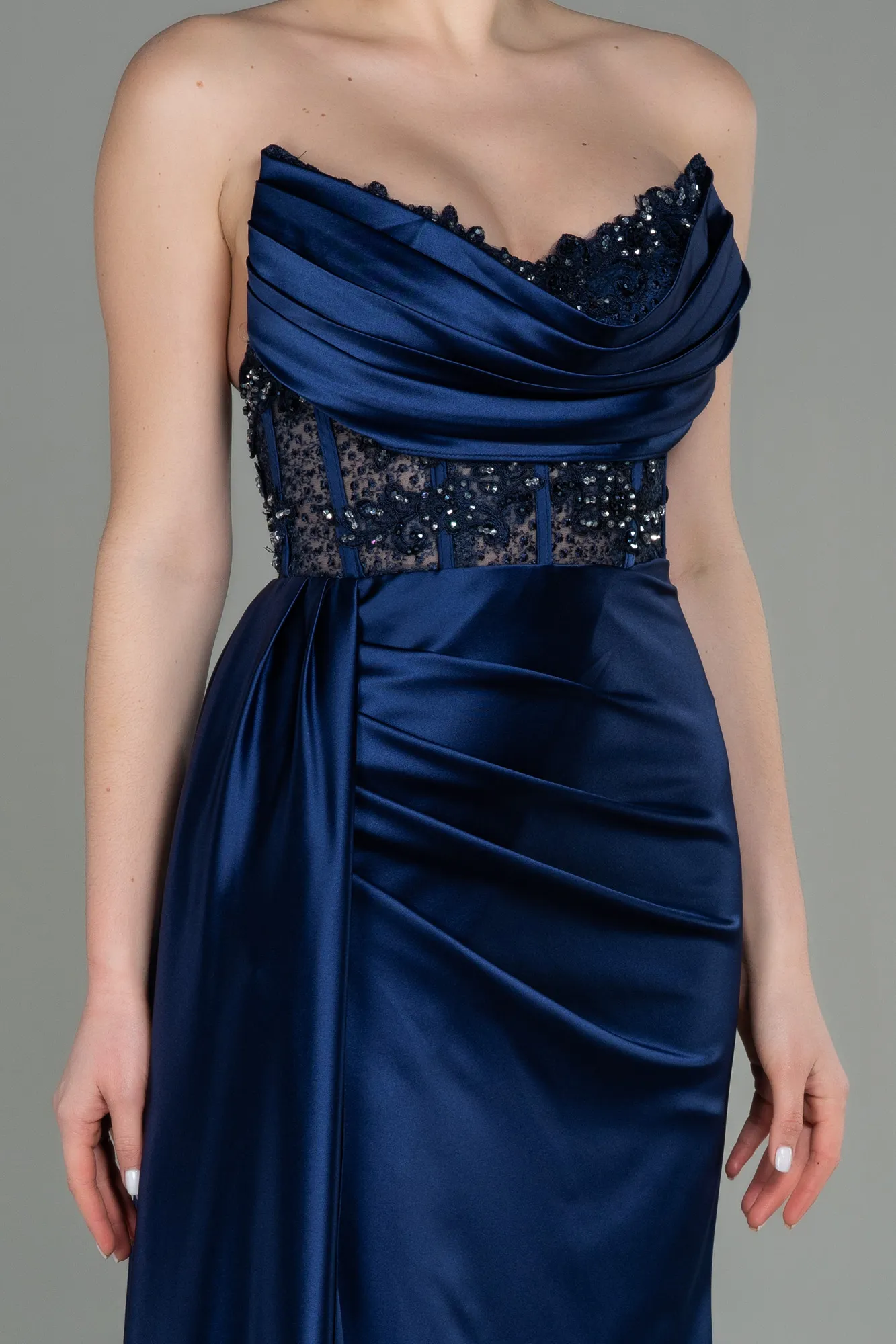 Navy Blue-Long Satin Evening Dress ABU3447