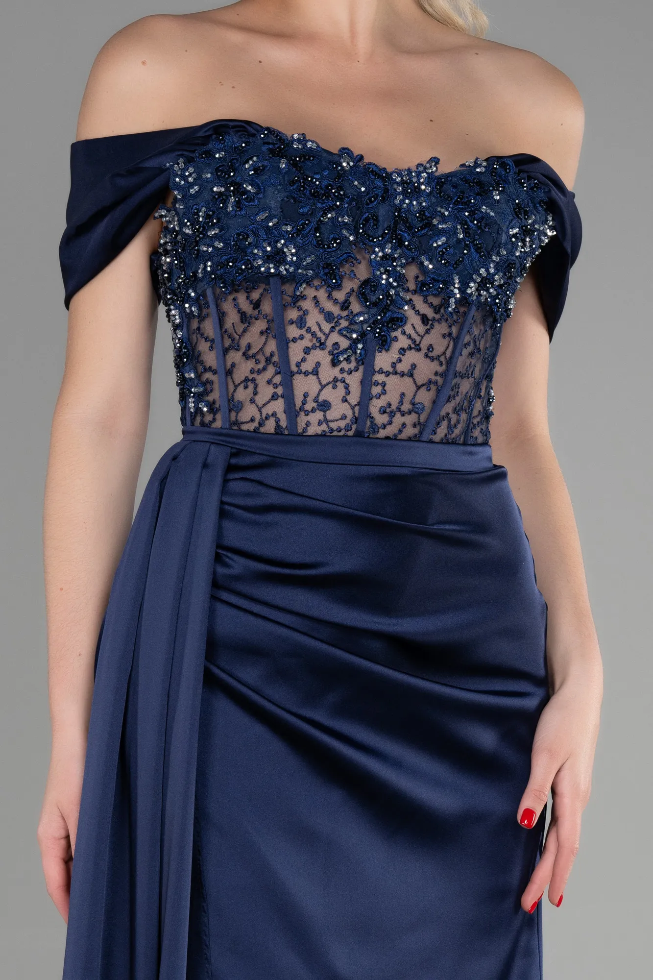 Navy Blue-Long Satin Evening Dress ABU3454