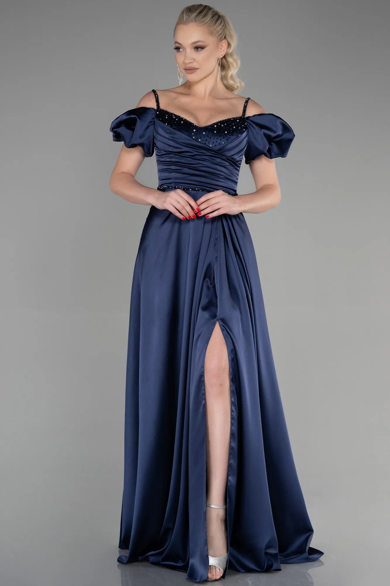 Navy Blue-Long Satin Evening Dress ABU3457