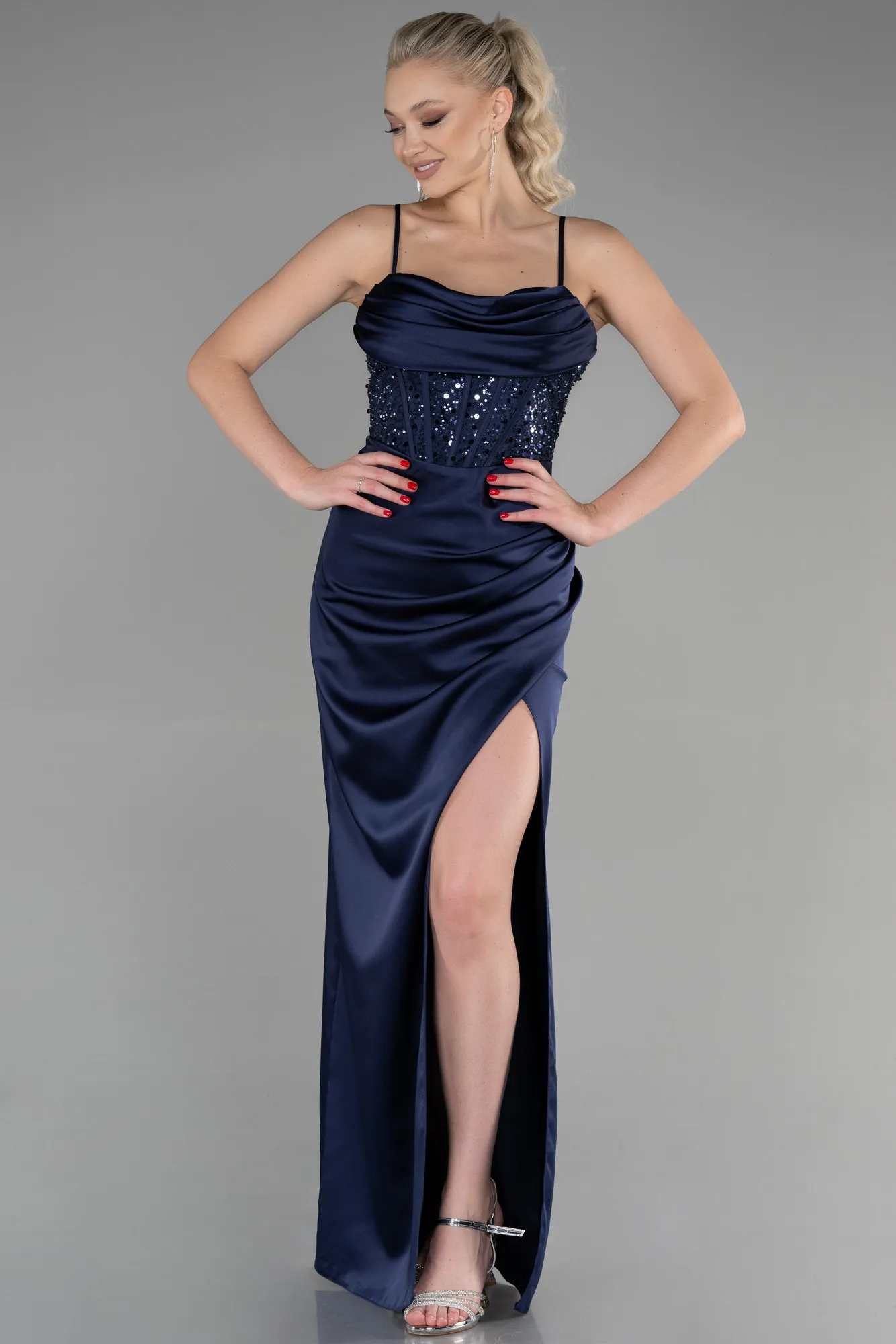 Navy Blue-Long Satin Evening Dress ABU3459