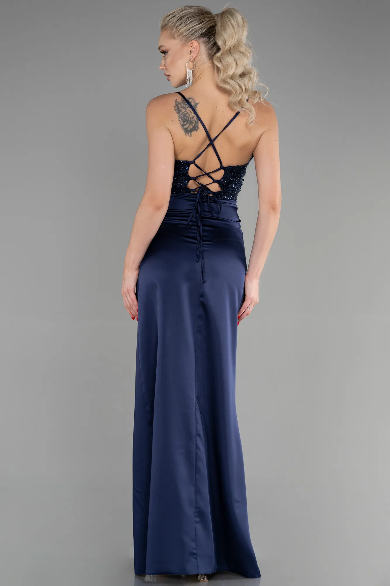 Navy Blue-Long Satin Evening Dress ABU3459