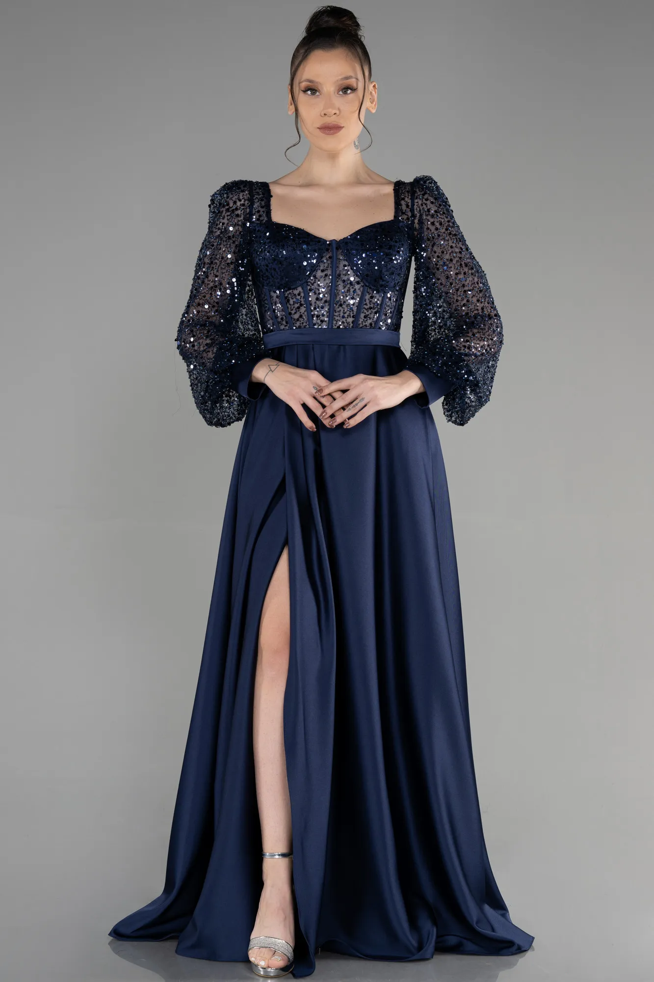 Navy Blue-Long Satin Evening Dress ABU3513