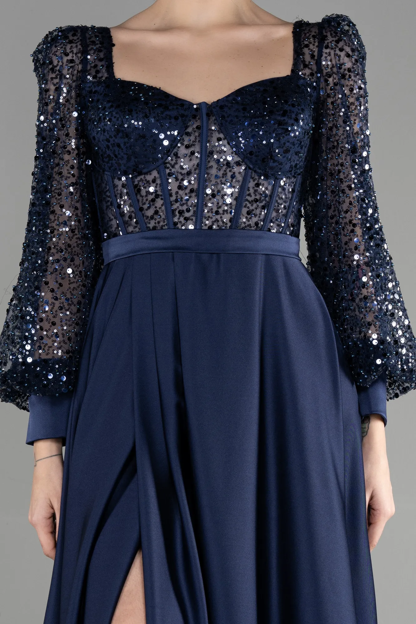 Navy Blue-Long Satin Evening Dress ABU3513