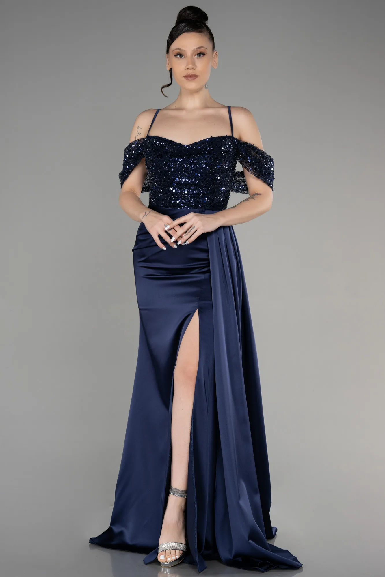 Navy Blue-Long Satin Evening Dress ABU3521