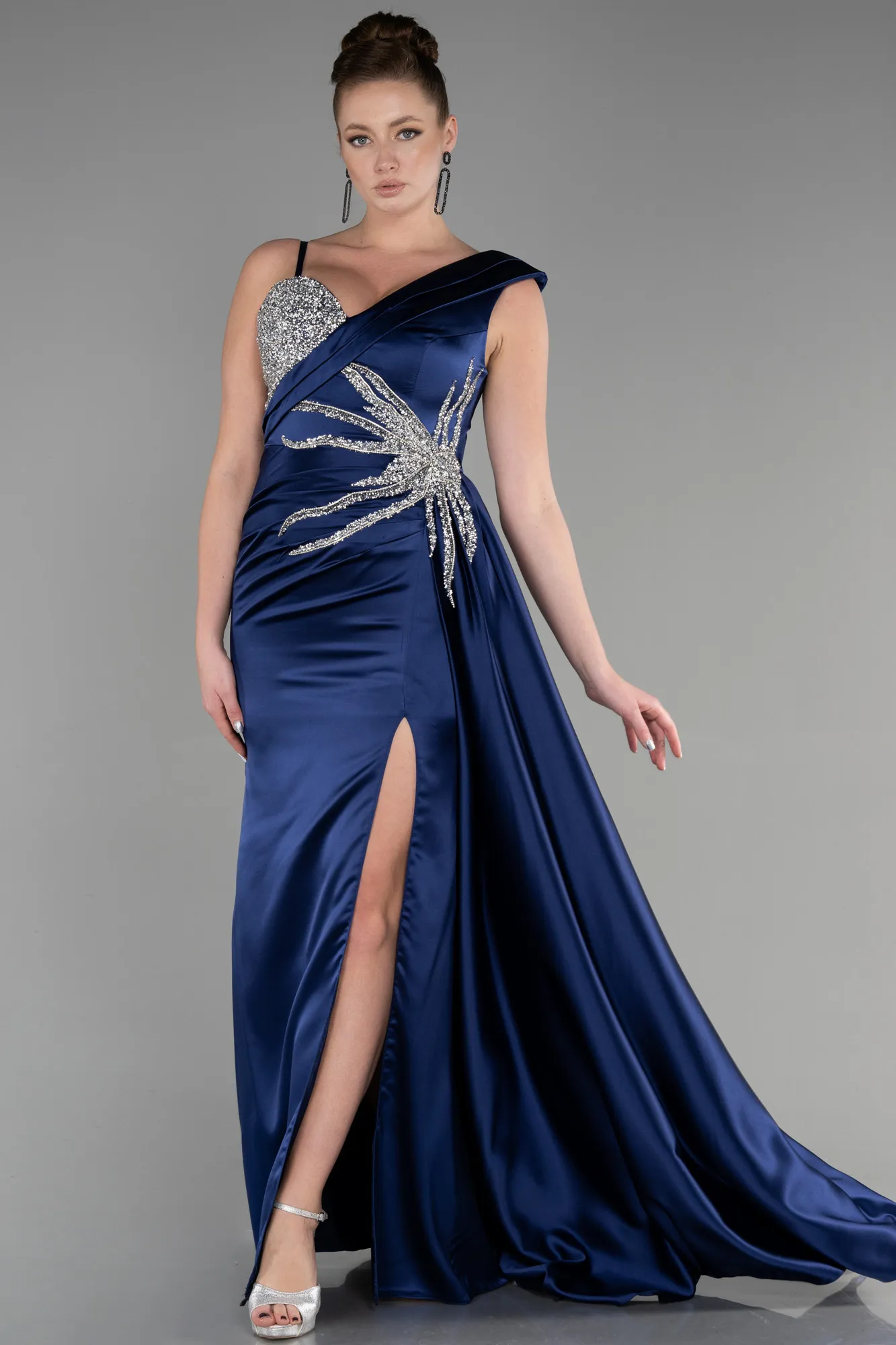 Navy Blue-Long Satin Evening Dress ABU3546