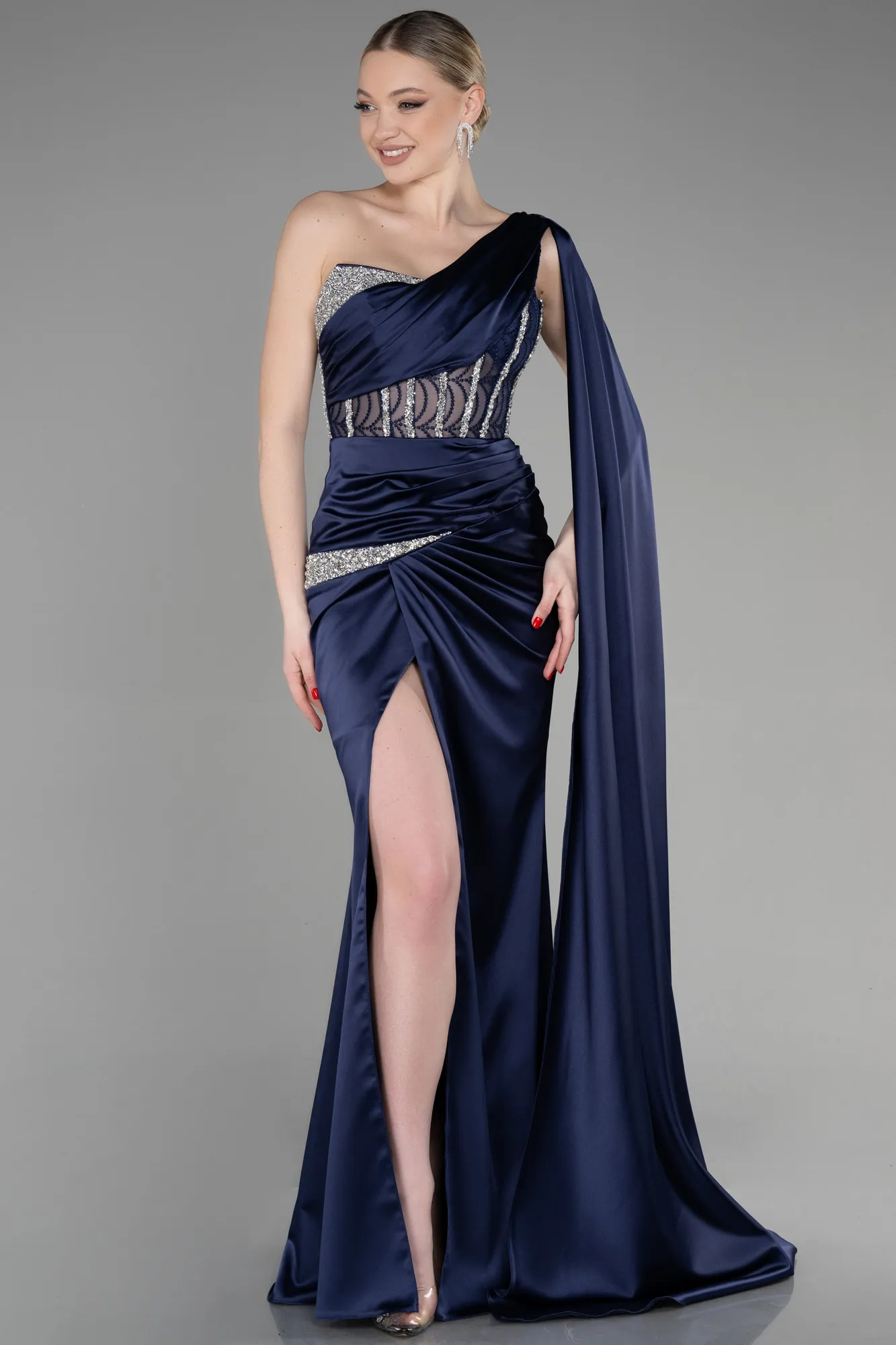 Navy Blue-Long Satin Evening Dress ABU3603