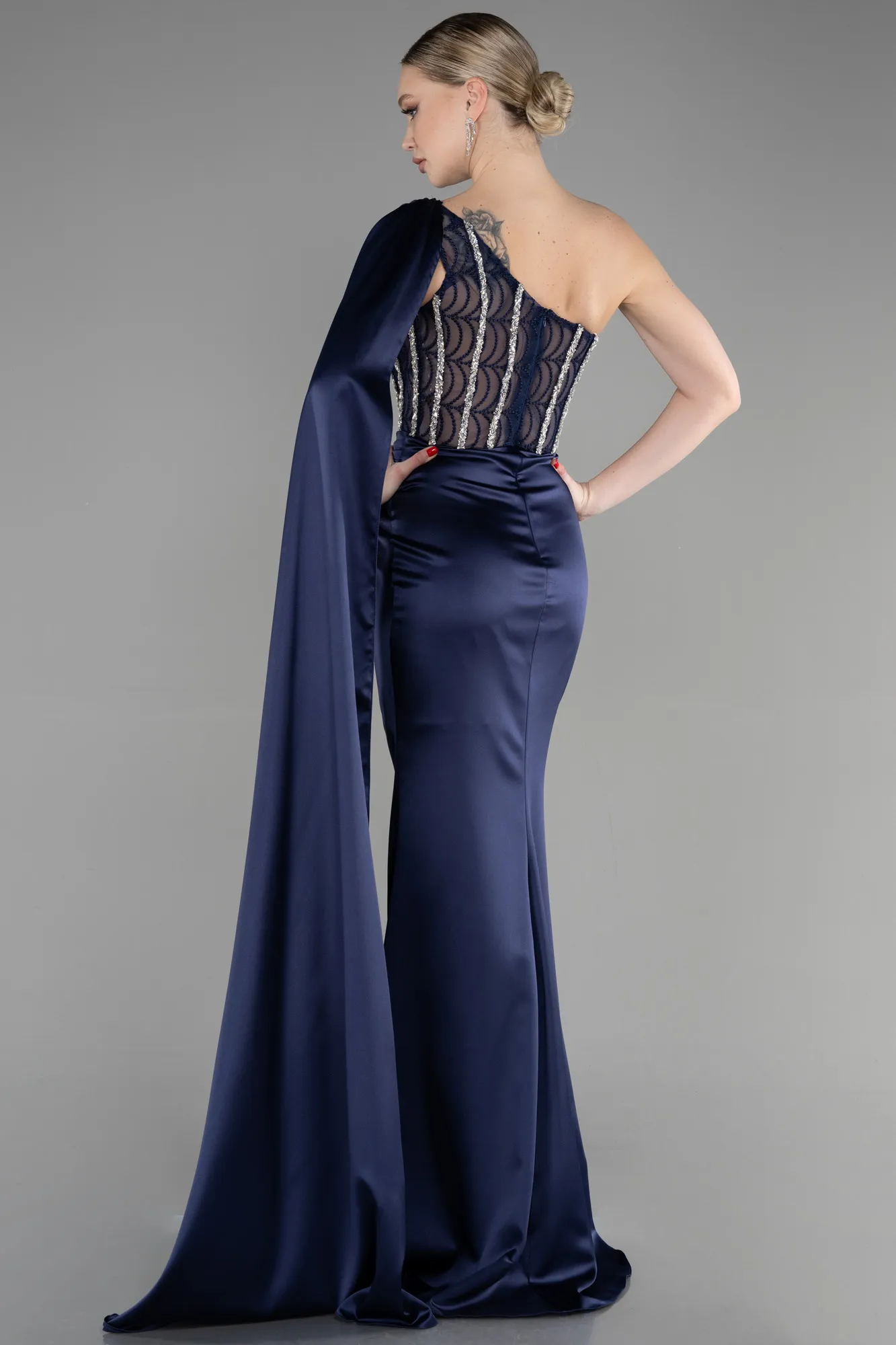 Navy Blue-Long Satin Evening Dress ABU3603
