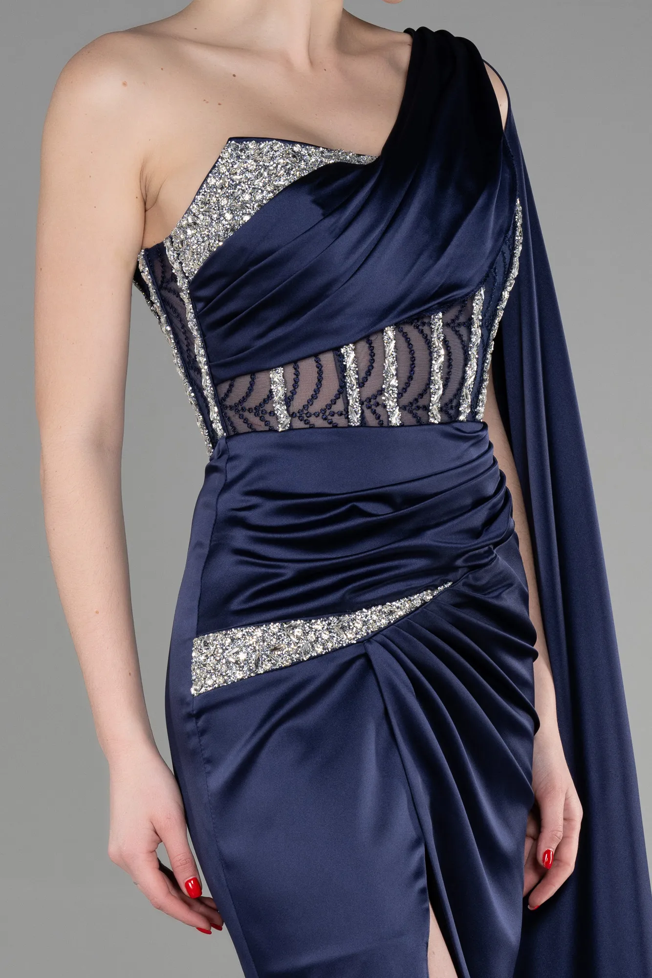 Navy Blue-Long Satin Evening Dress ABU3603