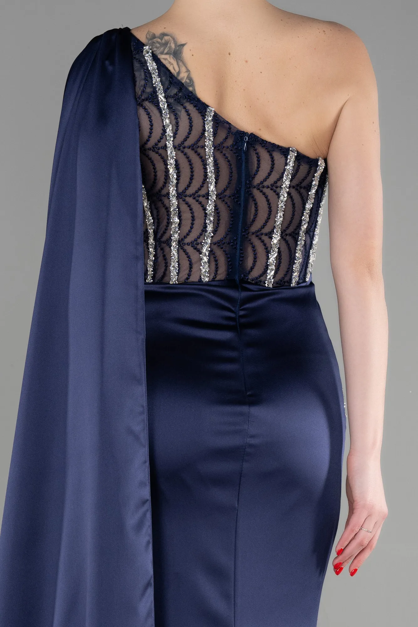 Navy Blue-Long Satin Evening Dress ABU3603