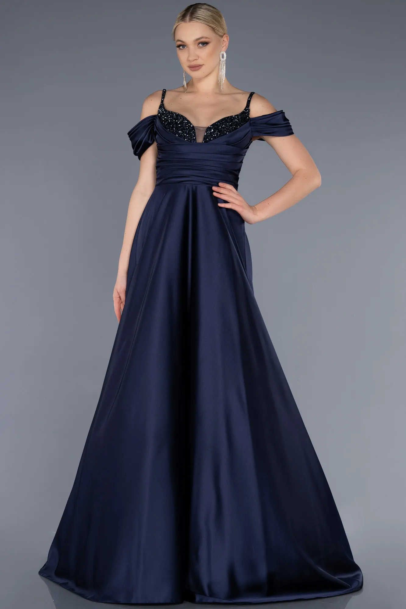 Navy Blue-Long Satin Evening Dress ABU3678