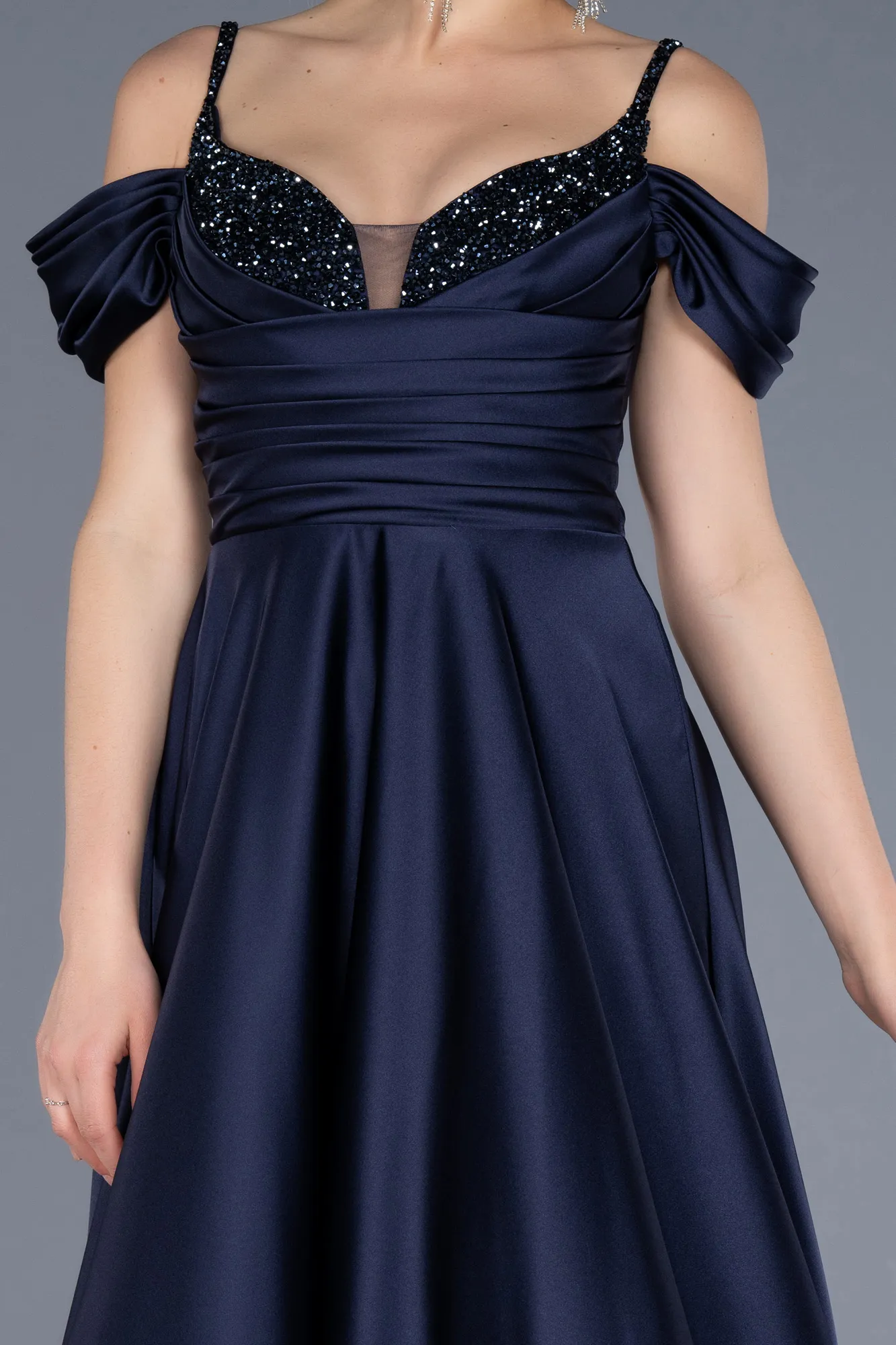 Navy Blue-Long Satin Evening Dress ABU3678