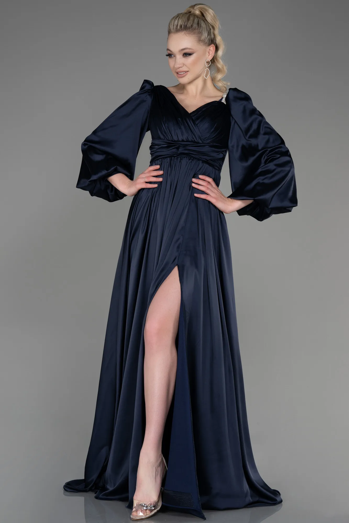 Navy Blue-Long Satin Evening Dress ABU3710