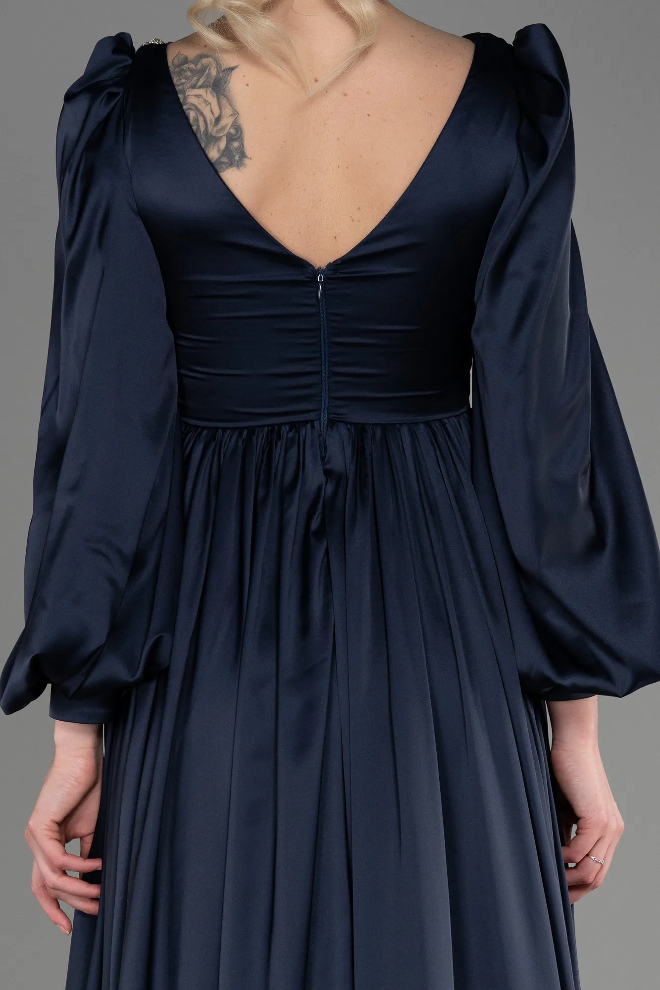 Navy Blue-Long Satin Evening Dress ABU3710