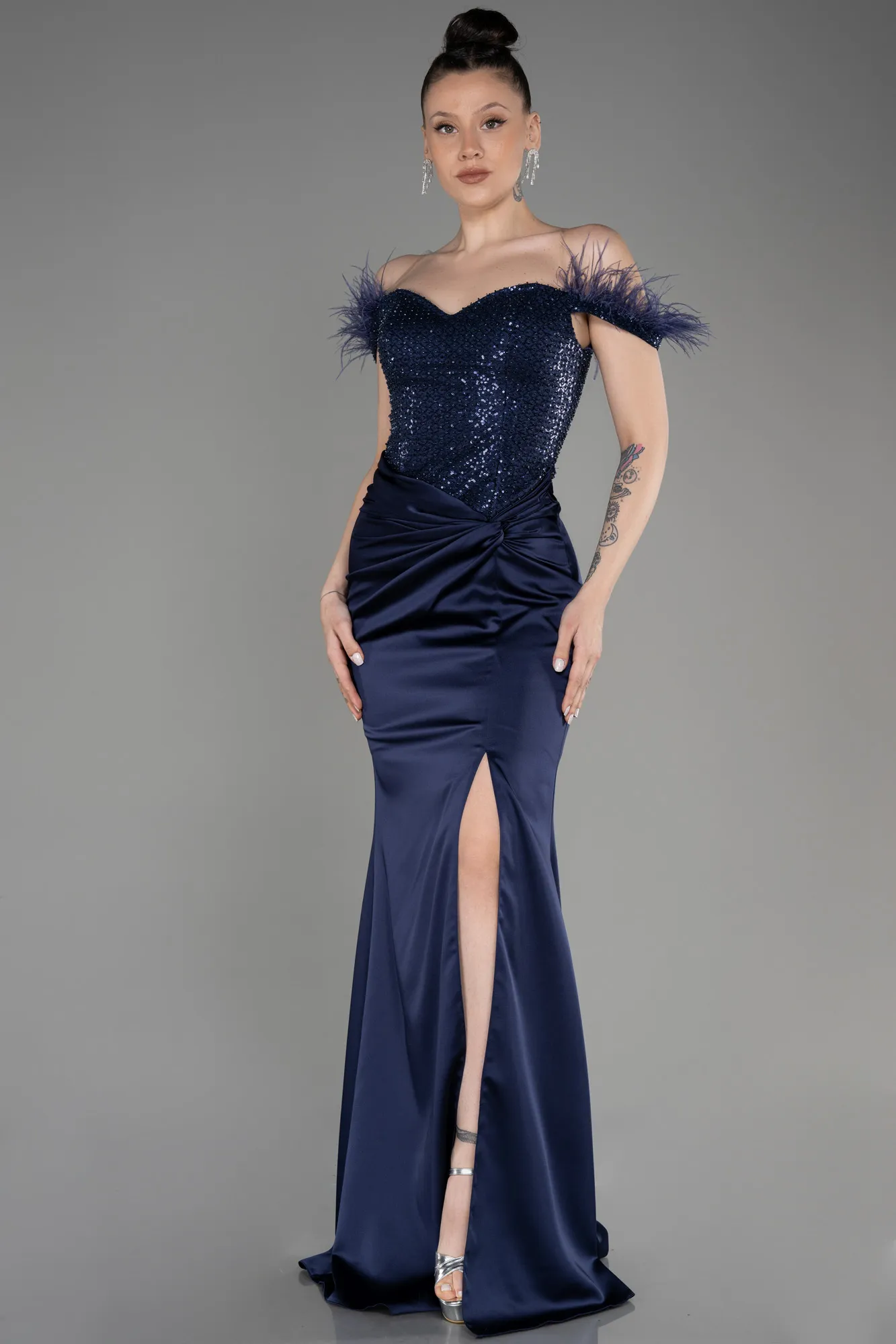 Navy Blue-Long Satin Evening Dress ABU3806