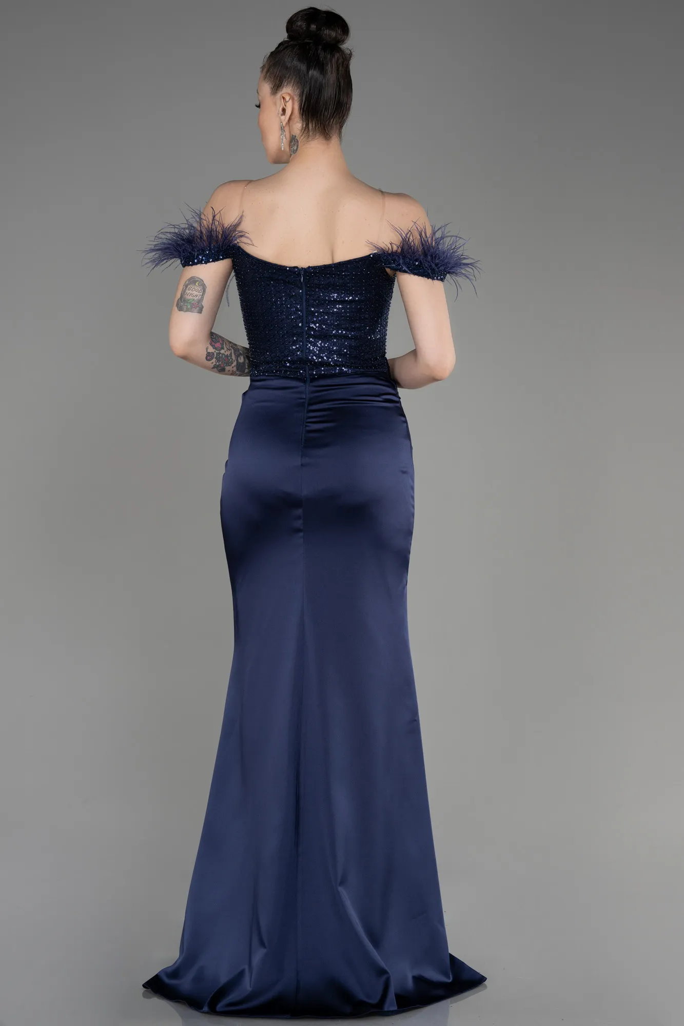 Navy Blue-Long Satin Evening Dress ABU3806