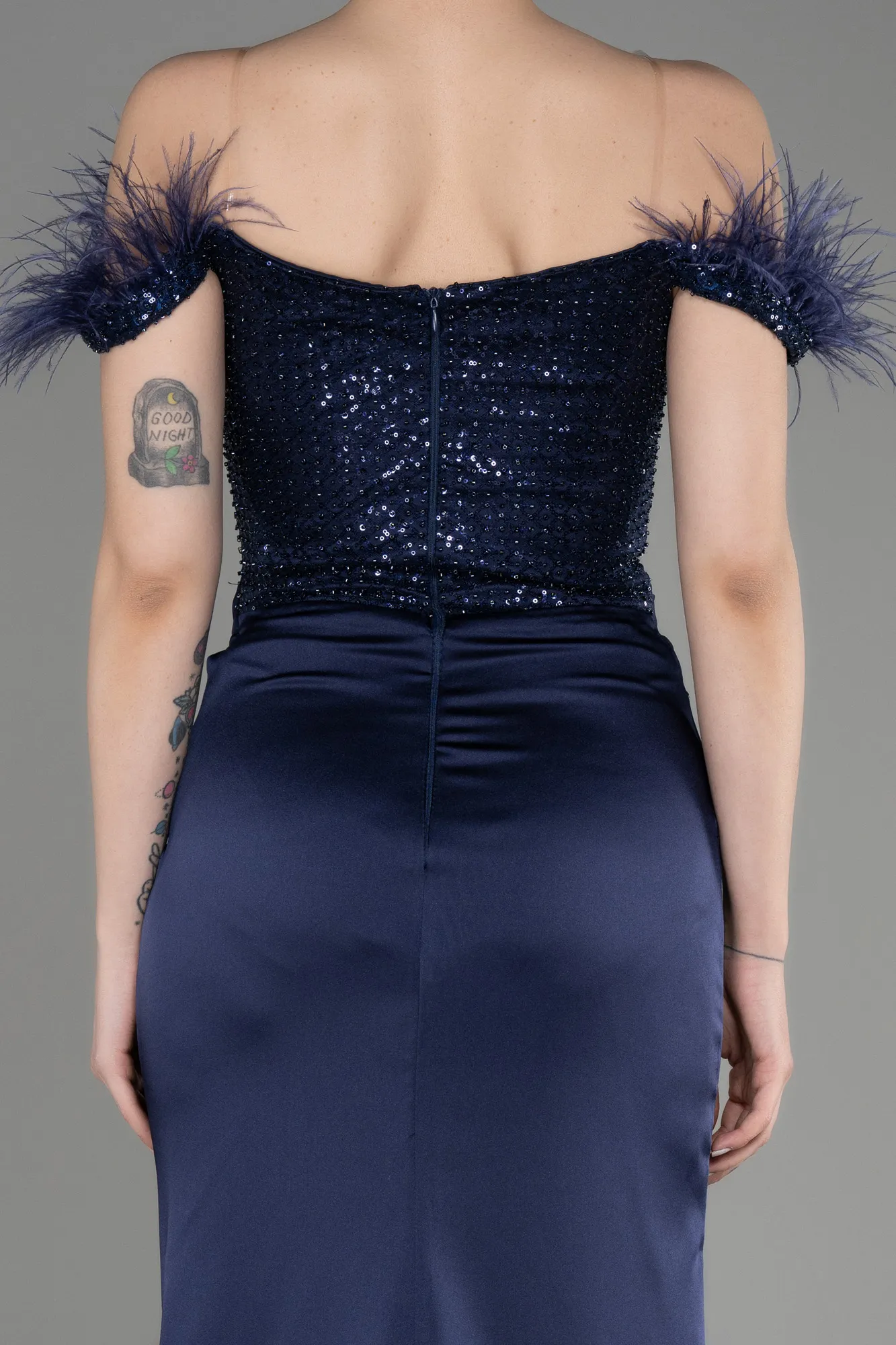 Navy Blue-Long Satin Evening Dress ABU3806