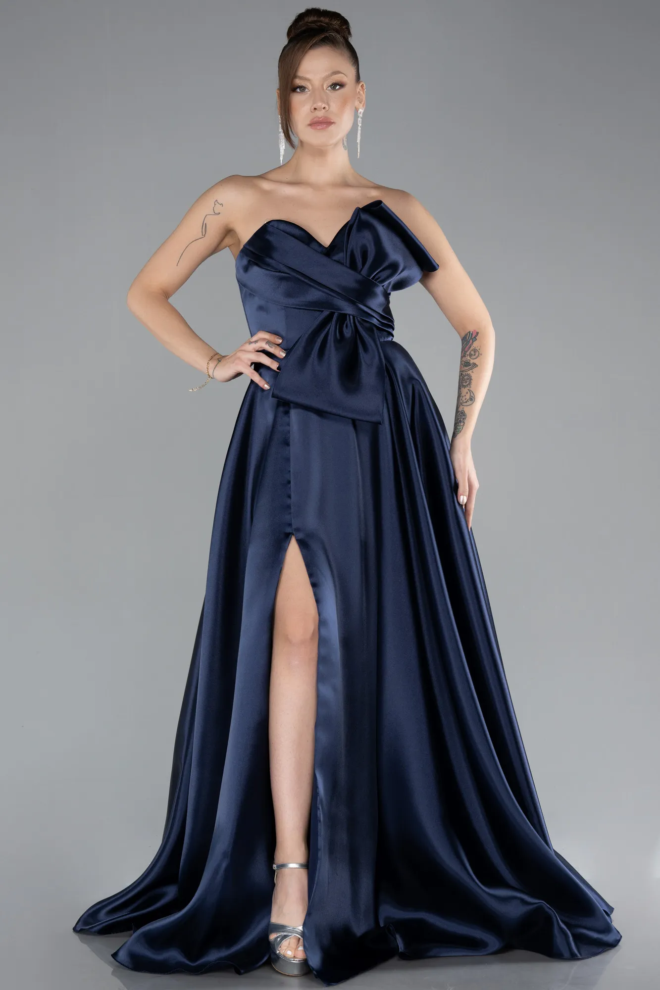 Navy Blue-Long Satin Evening Dress ABU4222