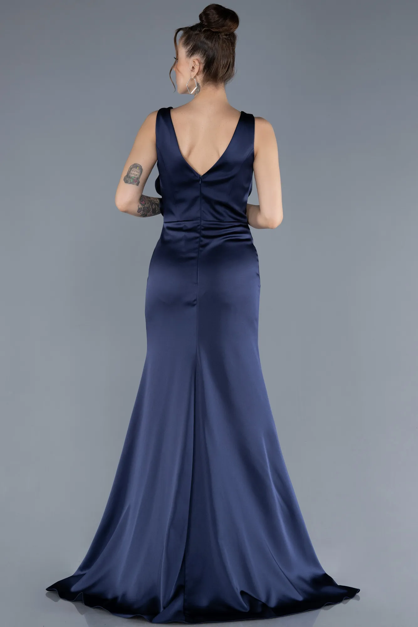 Navy Blue-Long Satin Evening Dress ABU4624