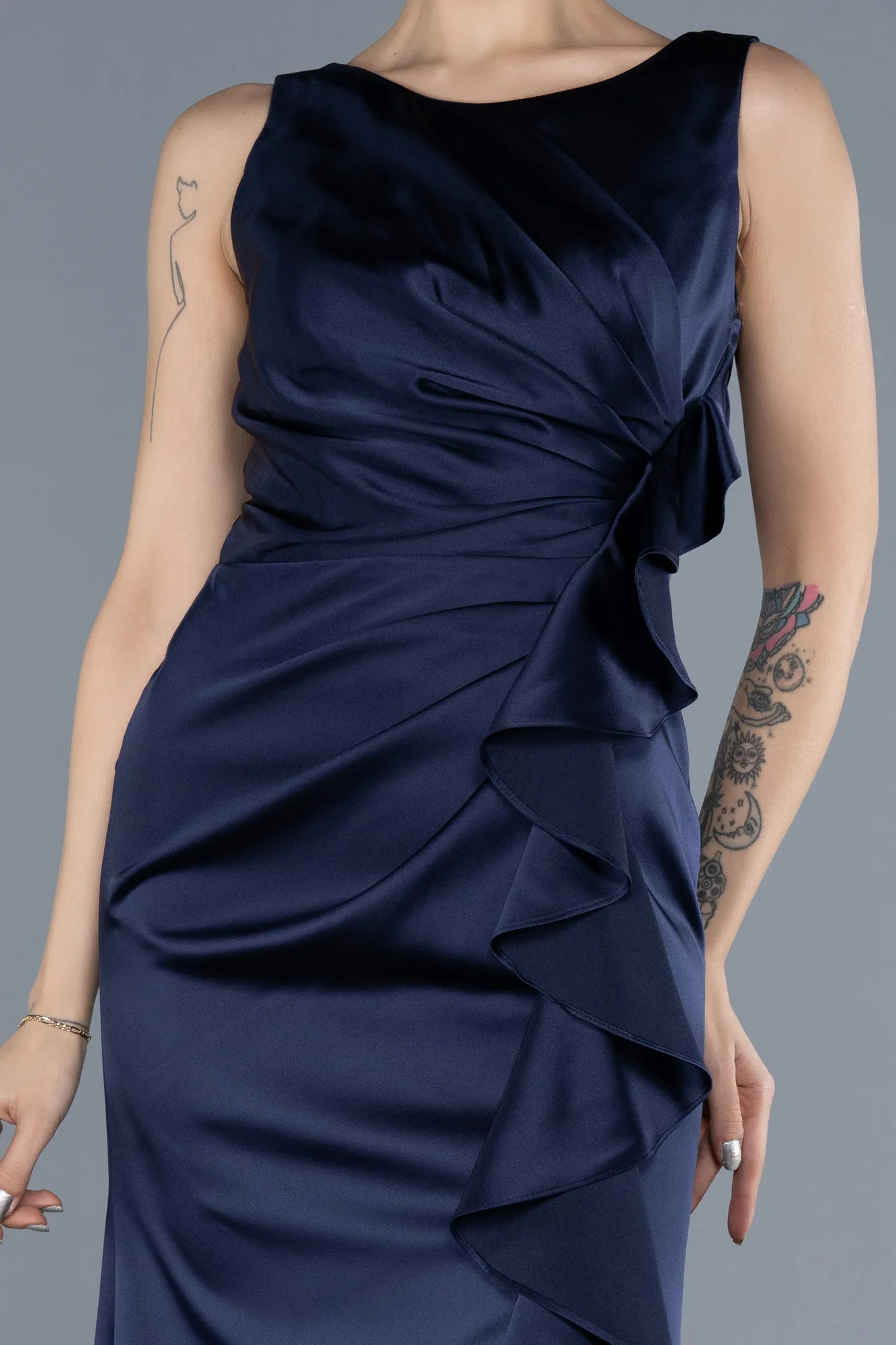 Navy Blue-Long Satin Evening Dress ABU4624