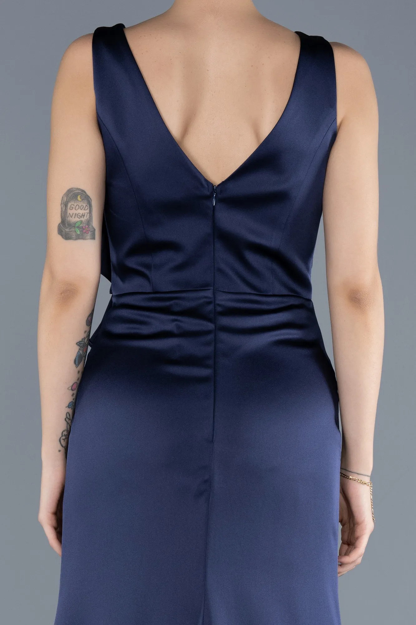 Navy Blue-Long Satin Evening Dress ABU4624