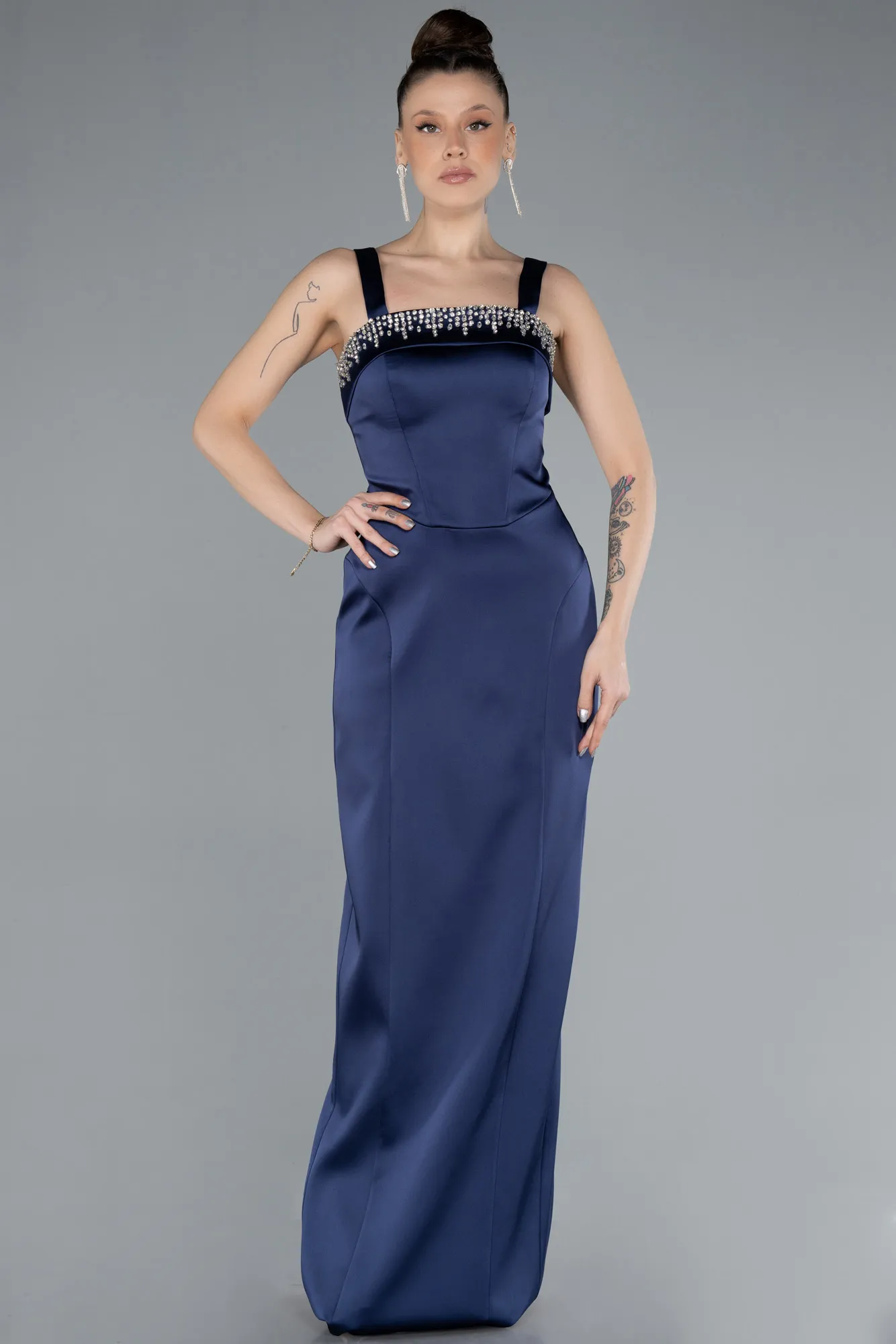 Navy Blue-Long Satin Evening Dress ABU4660