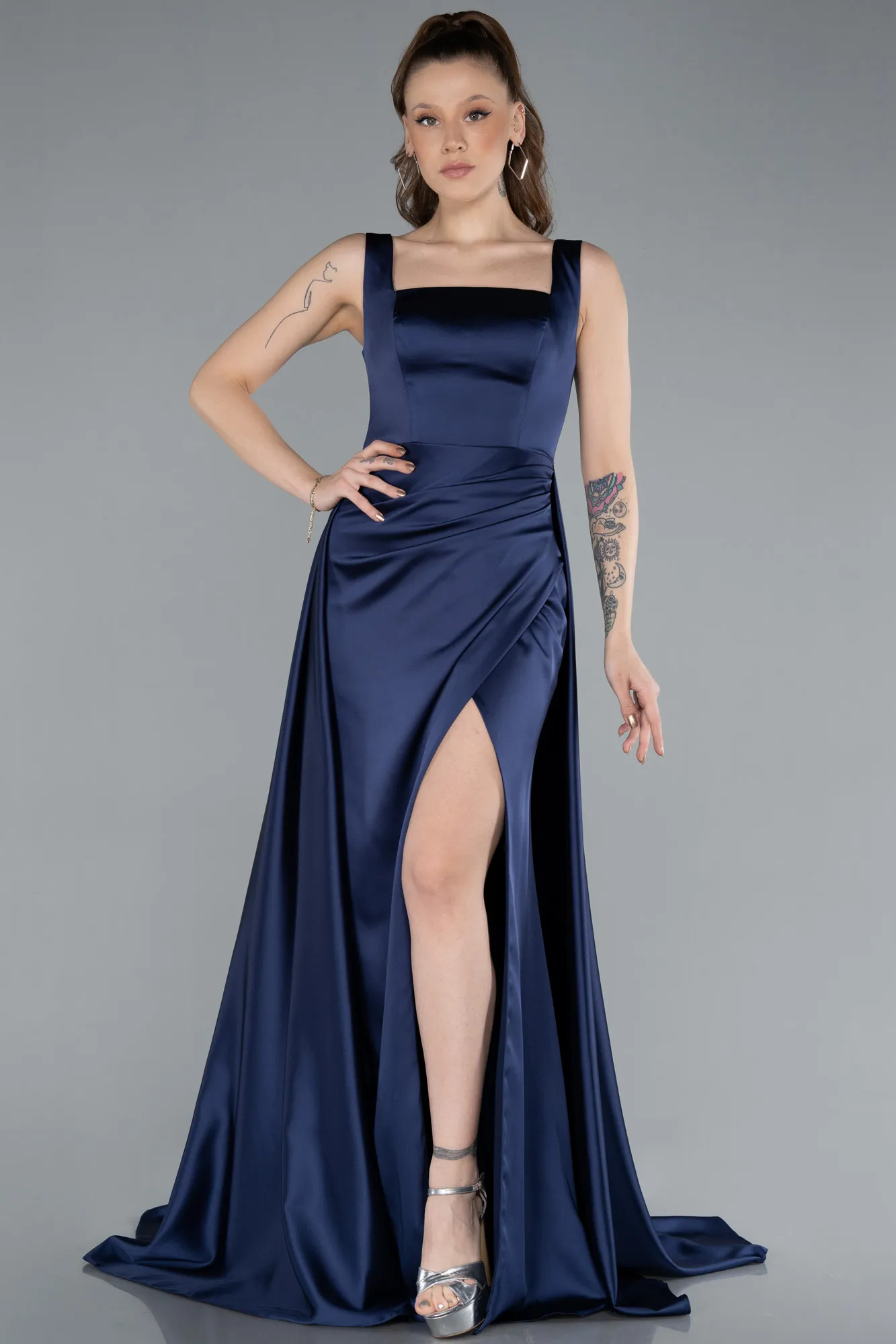 Navy Blue-Long Satin Evening Dress ABU4715