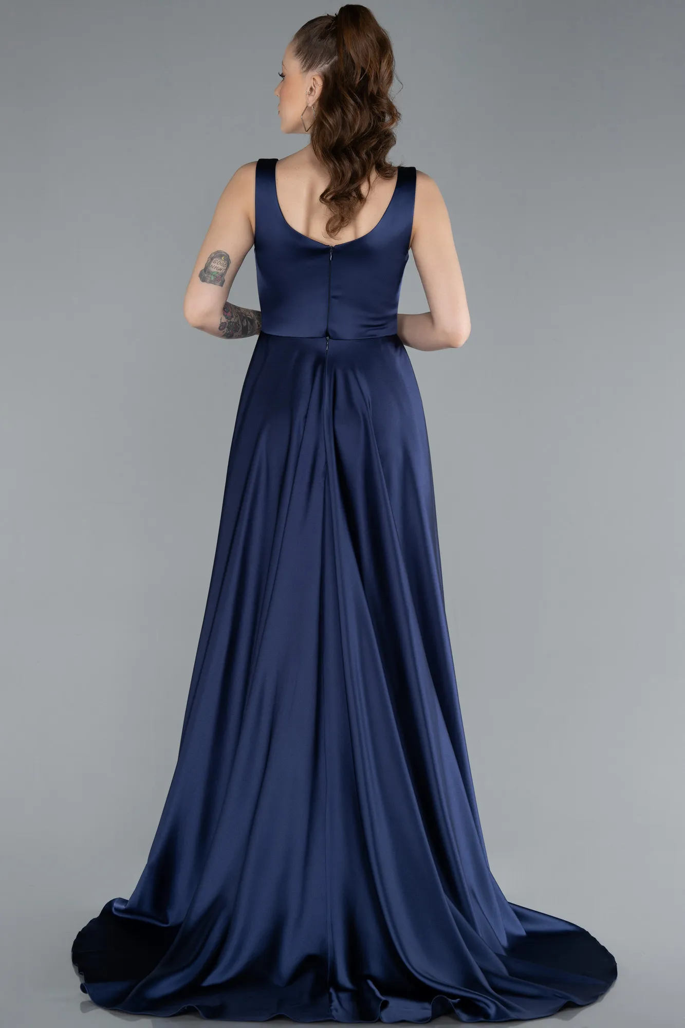 Navy Blue-Long Satin Evening Dress ABU4715