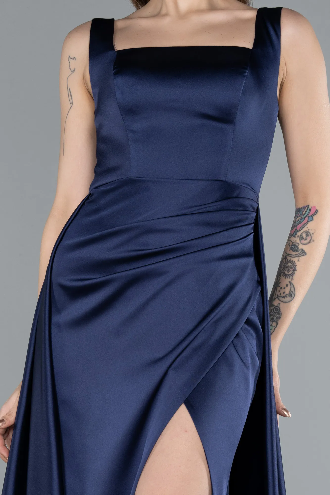 Navy Blue-Long Satin Evening Dress ABU4715