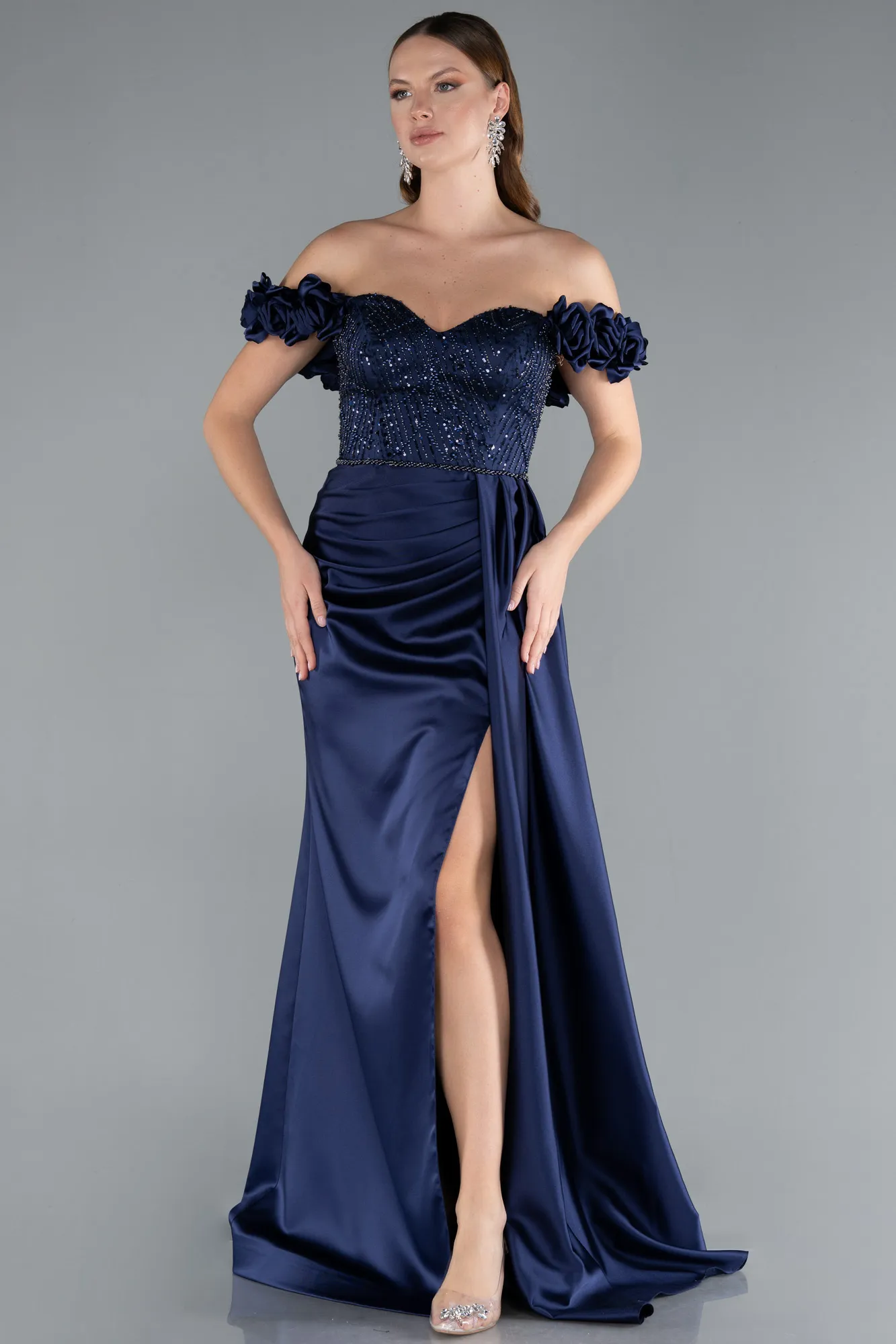 Navy Blue-Long Satin Evening Dress ABU4895
