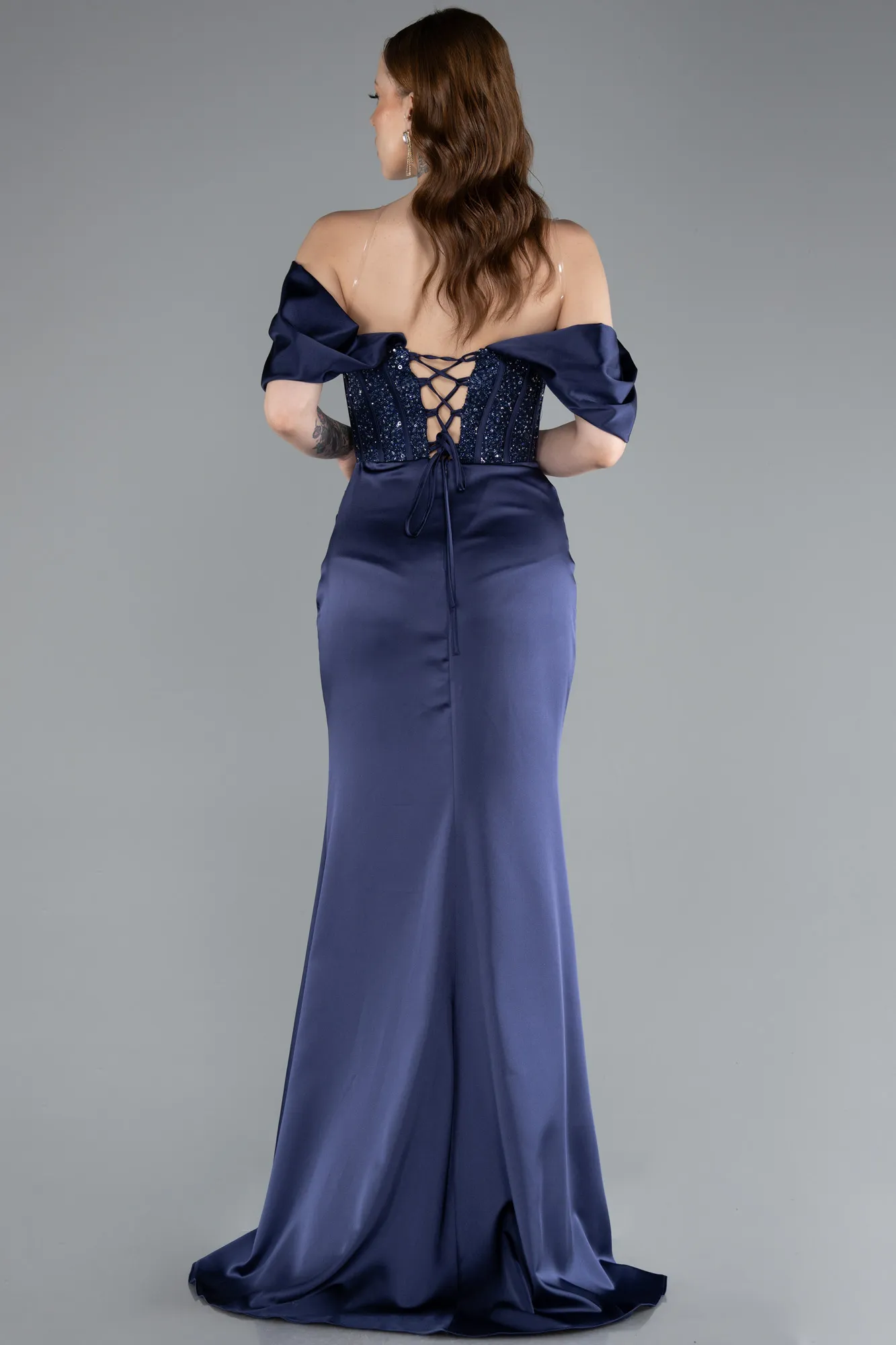 Navy Blue-Long Satin Evening Dress ABU4974