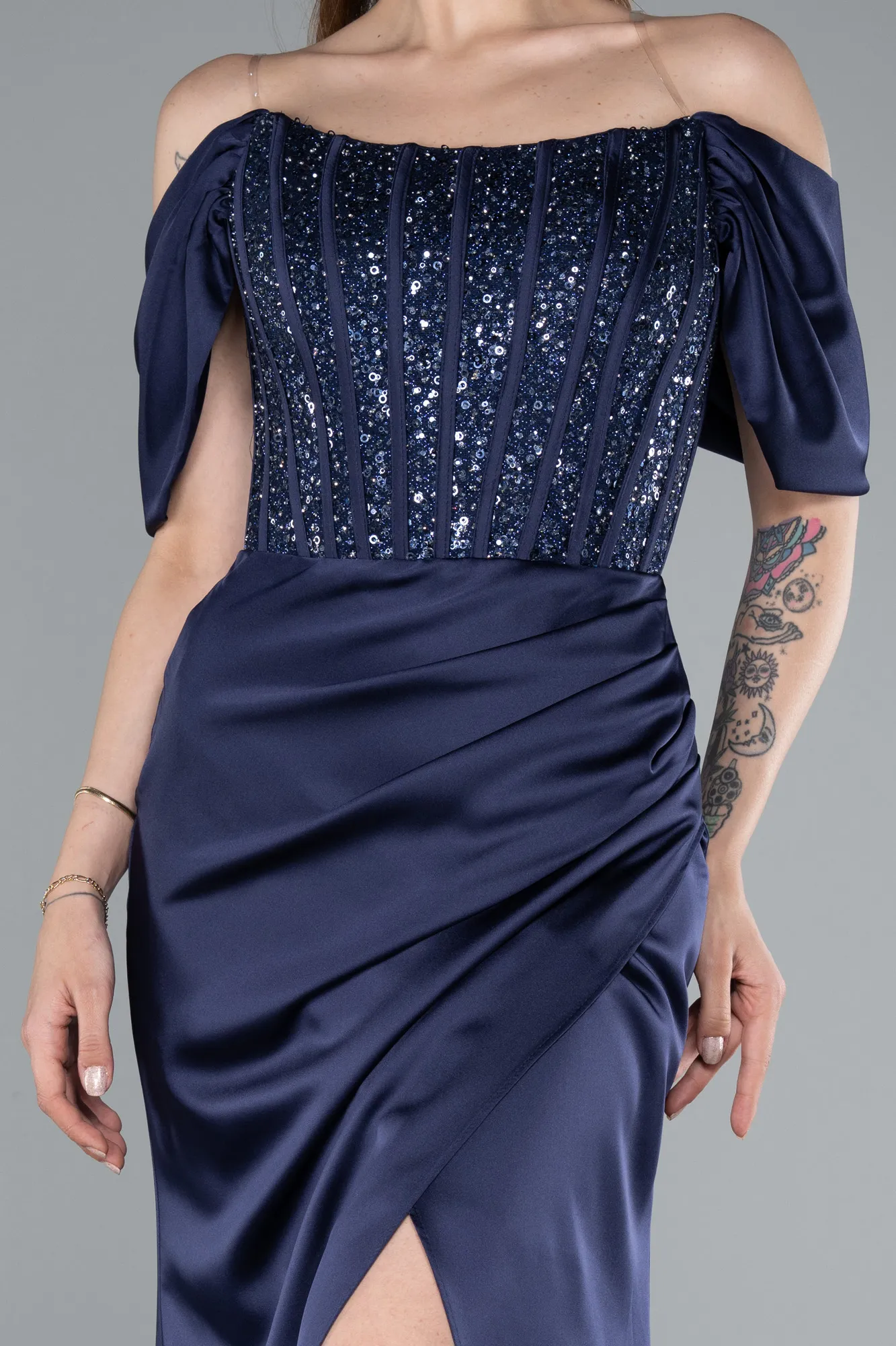 Navy Blue-Long Satin Evening Dress ABU4974