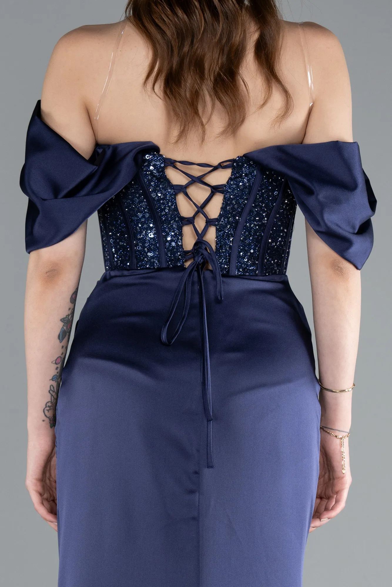 Navy Blue-Long Satin Evening Dress ABU4974