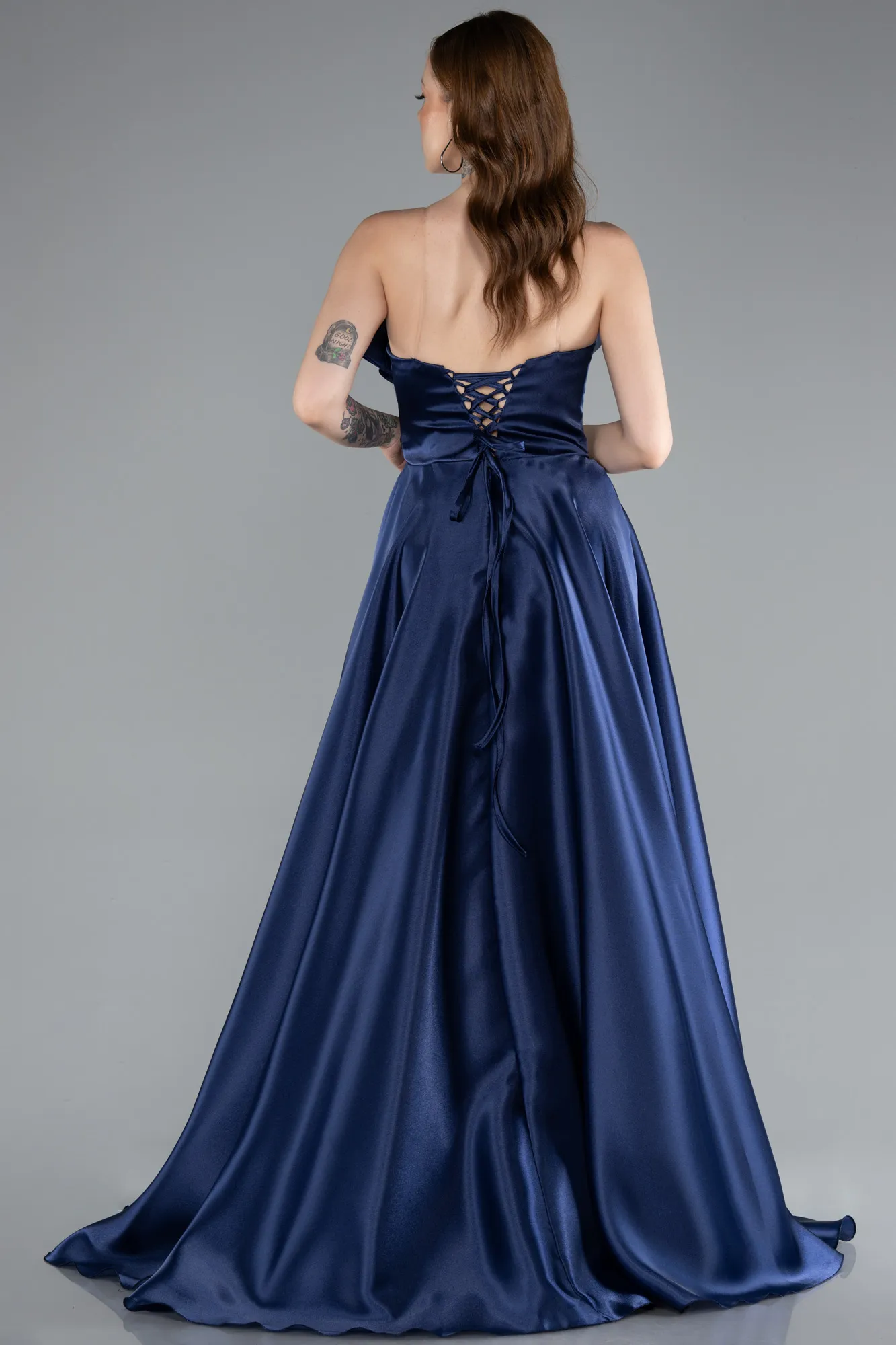 Navy Blue-Long Satin Evening Dress ABU4975